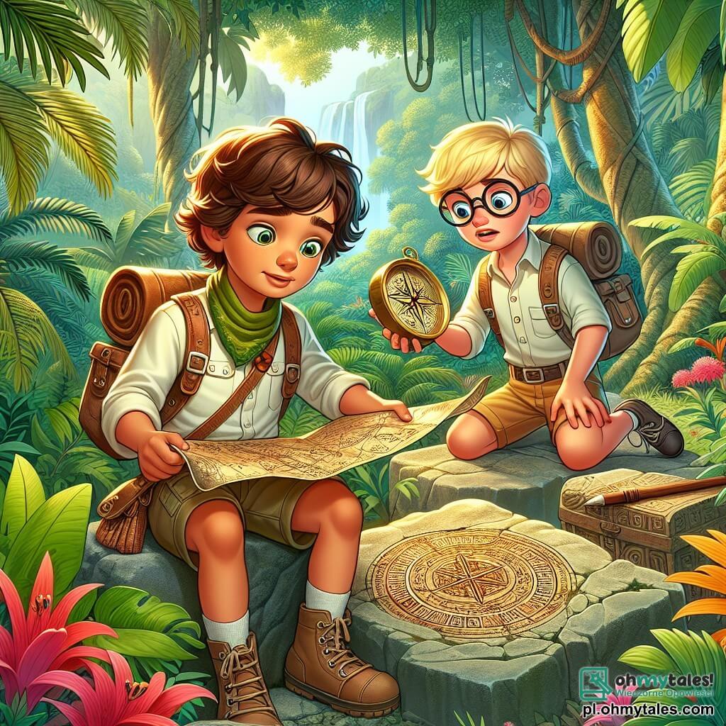 Une illustration sous forme de dessin destinée aux enfants représentant une dense et vibrante d jungle tropicale, avec des arbres majestueux aux feuilles luxuriantes et des fleurs colorées, où un jeune homme aux cheveux bruns et aux yeux pétillants, vêtu d'un t-shirt et d'un short d'explorateur, examine attentivement une carte ancienne tout en tenant un vieux compas, tandis qu'à ses côtés, son ami, un garçon aux lunettes épaisses et aux cheveux blonds, observe avec curiosité un mystérieux symbole gravé sur une pierre, alors qu'ils se préparent à découvrir un trésor caché dans les ruines anciennes, entourés de l'excitation et du mystère de leur aventure.