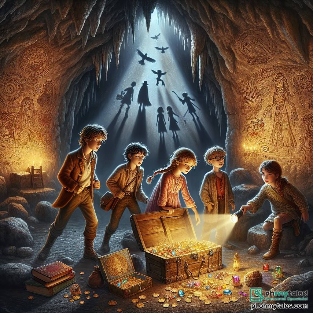 Ilustracja przedstawiająca magiczną scenę wewnątrz ciemnej i tajemniczej jaskini, z surowymi kamiennymi ścianami, migoczącymi stalaktytami i tańczącymi cieniami stworzonymi przez światło latarki. W centrum czterech młodych poszukiwaczy przygód zgromadziło się wokół starej drewnianej skrzyni, wypełnionej lśniącymi skarbami: złotymi monetami, kolorowymi biżuteriami i starymi książkami z złotymi okładkami. Pierwsza postać to 10-letnia dziewczynka z długimi warkoczami brązowych włosów, ubrana w kolorowy t-shirt i szorty, trzymająca latarkę, która oświetla skrzynię, a jej oczy błyszczą z ekscytacji. Obok niej stoi dziewczynka w wieku 9 lat z kręconymi blond włosami w kwiecistej sukience, uśmiechająca się, pokazując złotą monetę, którą właśnie odkryła. Chłopiec w wieku 11 lat z rozczochranymi brązowymi włosami i w paskowanym t-shircie pochyla się nad skrzynią, uważnie badając starą książkę. Na końcu, 10-letnia dziewczynka w okularach i krótkich włosach z ciekawością rozgląda się wokół, gotowa rozwiązać tajemnice jaskini. W tle na ścianach znajdują się starożytne rysunki opowiadające historie bohaterów i magicznych stworzeń, podczas gdy tajemnicze cienie zdają się poruszać, dodając przygody tej fascynującej scenie.