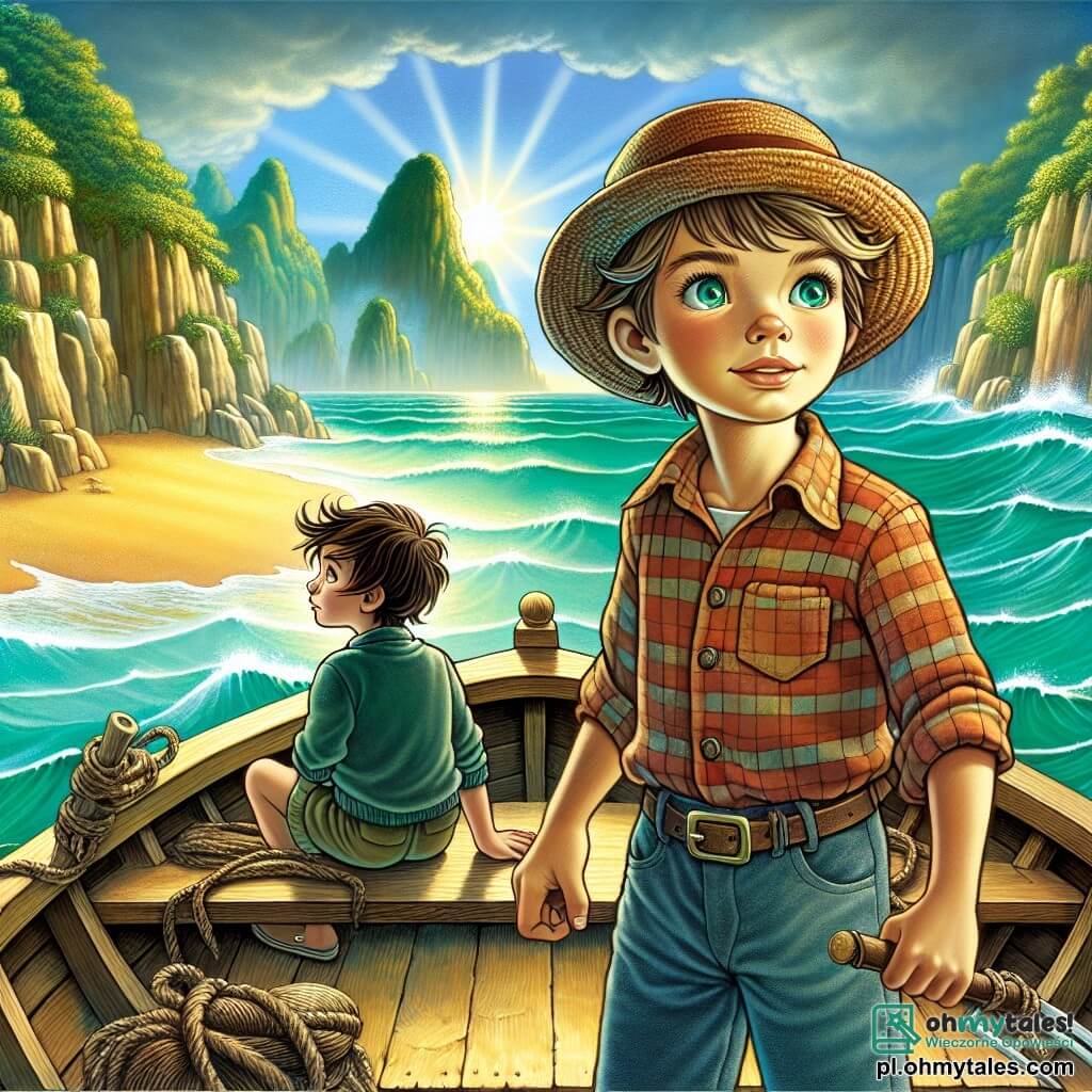 Une illustration destinée aux enfants représentant un jeune garçon aux yeux pétillants d'aventure, vêtu d'une chemise à carreaux et d'un chapeau de paille, se tenant fermement sur le pont d'un vieux bateau en bois, naviguant à travers des eaux turquoise scintillantes, entouré de falaises verdoyantes et de plages dorées, tandis qu'à ses côtés, son fidèle ami, un garçon intrépide à la chevelure ébouriffée, scrute l'horizon à la recherche d'une mystérieuse île perdue, où des trésors et des créatures fantastiques l'attendent.