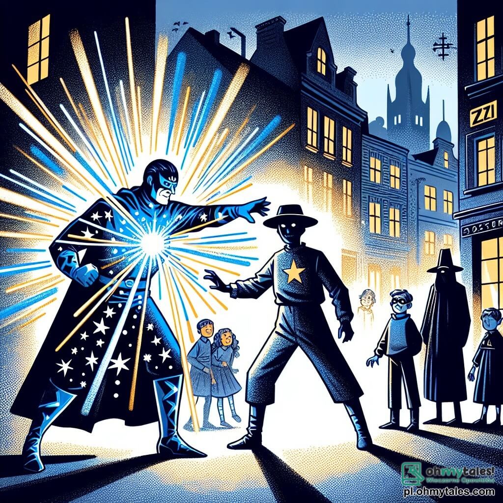 Une illustration sous forme de dessin destinée aux enfants représentant une scène dynamique dans la ville futuriste des Złote Wieże, avec un homme grand aux longs cheveux noirs brillants, vêtu d'un costume bleu orné de symboles d'étoiles, concentré en train de projeter des rayons de lumière éclatants pour combattre un mystérieux homme masqué en noir, entouré de silhouettes sombres de ses complices, tandis que des enfants émerveillés les observent depuis la rue, créant une atmosphère de courage et d'aventure.