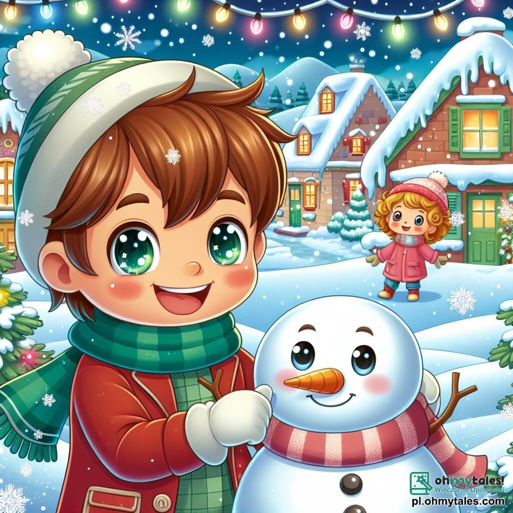 Une illustration sous forme de dessin destinée aux enfants représentant un charmant village enneigé pendant Noël, avec des maisons aux toits recouverts de neige scintillante et des lumières colorées, où un garçon de 5 ans aux cheveux châtains et aux yeux pétillants, vêtu d'une écharpe verte et d'une veste rouge, s'amuse à construire un grand bonhomme de neige souriant, tandis qu'une petite fille aux cheveux blonds et bouclés, portant un manteau rose, l'observe avec émerveillement, et des flocons de neige tombent doucement autour d'eux, créant une atmosphère magique et joyeuse.