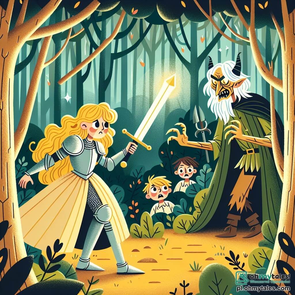 Une illustration sous forme de dessin destinée aux enfants représentant une clairière enchantée au cœur d'une forêt dense, où une courageuse chevaleresse aux cheveux longs et dorés, vêtue d'une armure étincelante et brandissant un épée brillante, se tient fièrement face à un tyran maléfique au visage tordu et aux yeux perçants, tandis que des enfants aux expressions d'espoir et de peur, cachés derrière des arbres, observent la scène, illustrant le moment décisif où la chevaleresse défie le mal pour libérer les captifs.