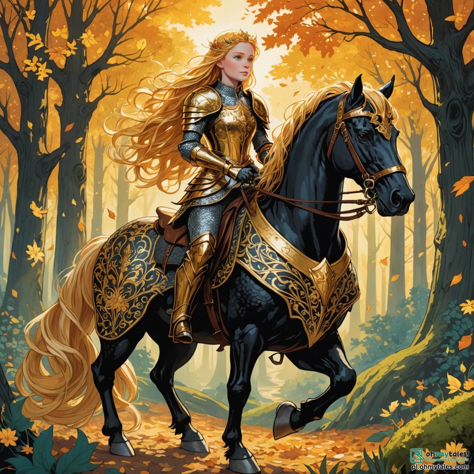 Une illustration destinée aux enfants représentant une courageuse chevaleresse aux cheveux dorés flottant comme des rayons de soleil, vêtue d'une armure étincelante ornée de motifs floraux délicats, se tenant fièrement sur son puissant destrier noir, prête à affronter un redoutable dragon aux écailles scintillantes et aux yeux flamboyants, dans la forêt enchantée de Luminara, où les arbres majestueux aux troncs noueux s'élèvent vers le ciel, leurs feuilles brillantes dansent au gré du vent, tandis qu'un petit elfe aux oreilles pointues, curieux et espiègle, observe la scène depuis sa cachette derrière un buisson fleuri, ajoutant une touche de magie à cette aventure épique.