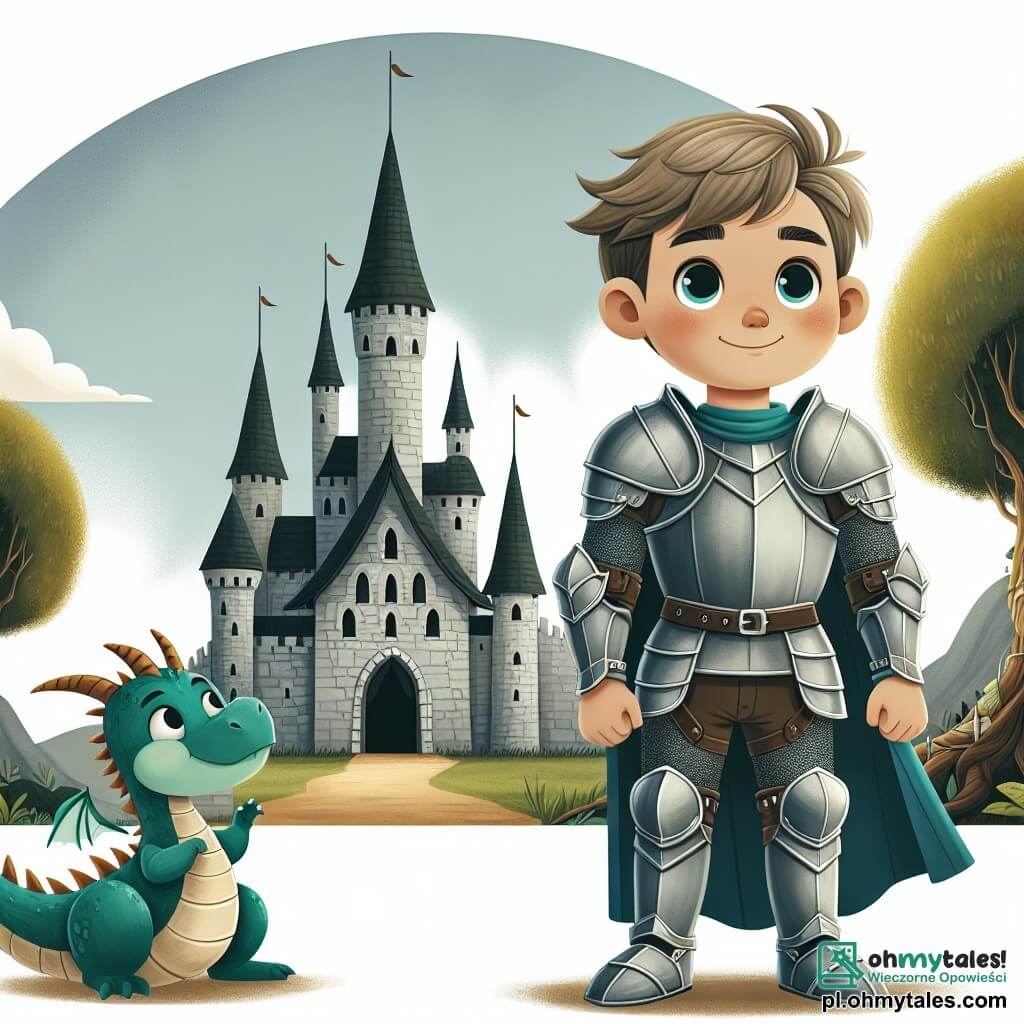 Une illustration destinée aux enfants représentant un jeune chevalier courageux, un garçon au cœur vaillant, vêtu d'une armure étincelante qui scintille sous le soleil, se tenant fermement devant un château majestueux aux tours élancées et aux murs de pierre grise, tandis qu'à ses côtés, un petit dragon espiègle, un personnage secondaire de couleur émeraude, l'observe avec des yeux pétillants d'excitation, prêts à l'accompagner dans une quête pour sauver leur village d'une menace mystérieuse qui rôde dans la forêt dense et enchantée, où les arbres aux feuilles dorées murmurent des secrets anciens.