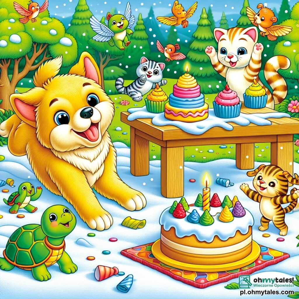 Une illustration sous forme de dessin destinée aux enfants représentant un joyeux festival animalier dans un parc verdoyant, avec un chien aux grandes oreilles et un pelage doré qui se roule dans la neige tout en riant, entouré d'une petite chatte tigrée qui l'observe avec amusement et d'un tortue verte qui applaudit, tandis que des animaux colorés dansent et s'amusent autour d'une table pleine de délicieux gâteaux éparpillés, capturant l'esprit ludique et la camaraderie de cette journée festive.