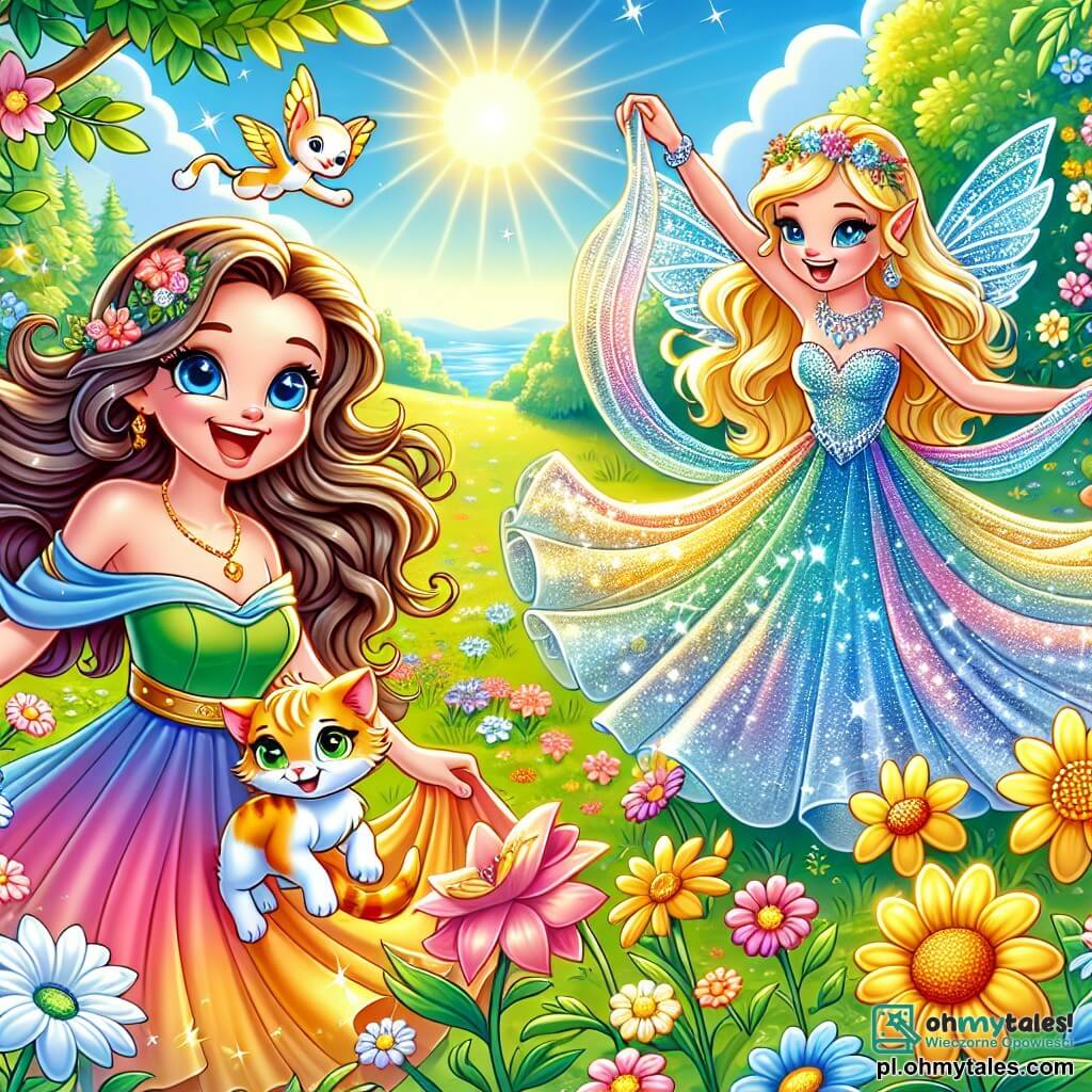 Une illustration sous forme de dessin destinée aux enfants représentant une magnifique clairière enchantée, baignée de lumière dorée, où une femme aux longs cheveux ondulés et à la robe colorée, tenant un tissu brillant, danse joyeusement au milieu de fleurs éclatantes, tandis qu'une petite chatte aux yeux pétillants l'observe avec curiosité, et une princesse elfe aux ailes scintillantes, vêtue d'une robe étincelante, sourit en l'accompagnant, illustrant le moment magique où elles célèbrent le retour des couleurs dans leur royaume.