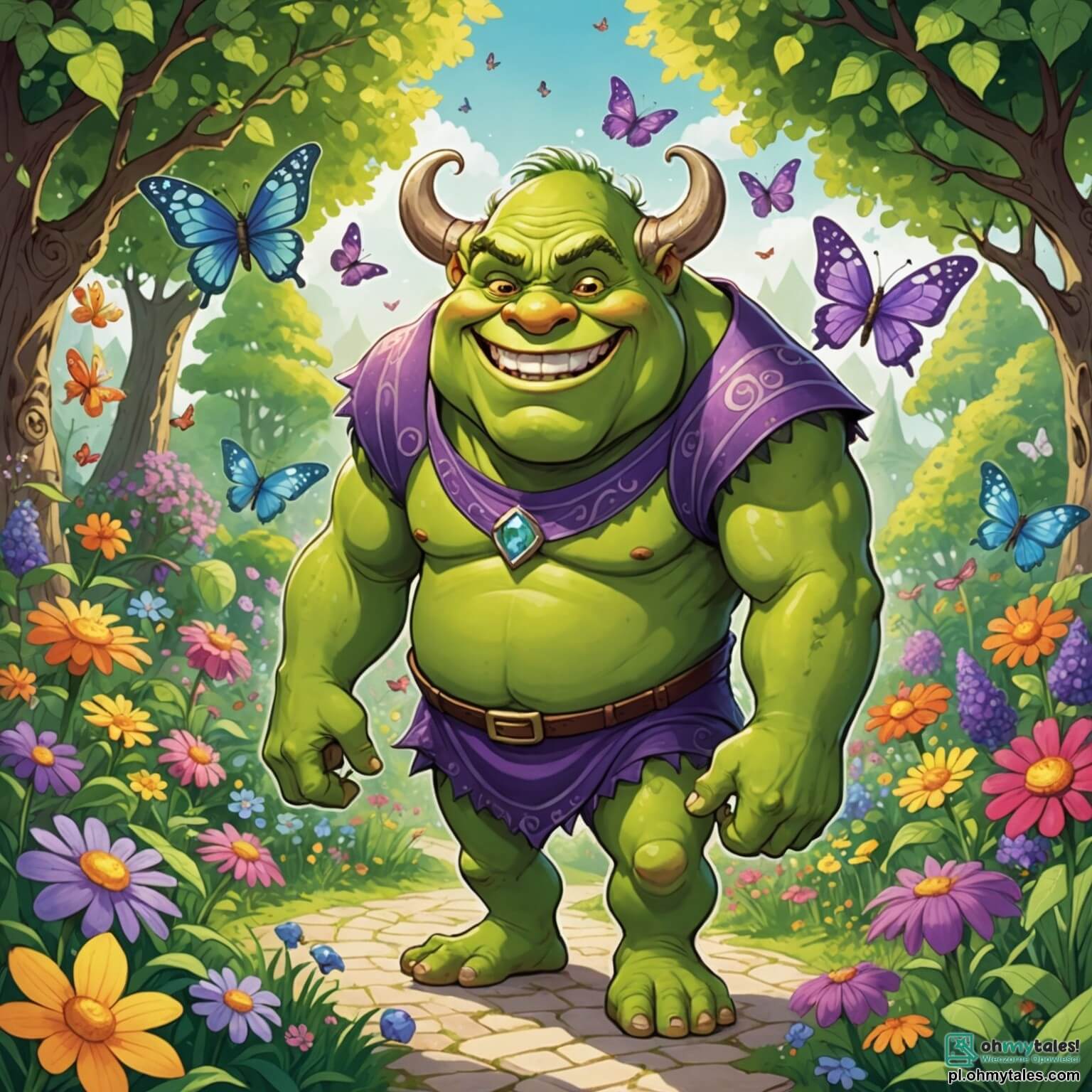 Une illustration destinée aux enfants représentant un grand ogre vert aux yeux ronds et pétillants, au sourire malicieux, se tenant au milieu d'un jardin enchanté rempli de fleurs colorées qui dansent sous le doux souffle du vent, tandis qu'une petite ogresse aux cheveux violets et aux rires cristallins explore joyeusement les sentiers sinueux, entourés de papillons scintillants et de rayons de soleil filtrant à travers les feuillages d'arbres majestueux.