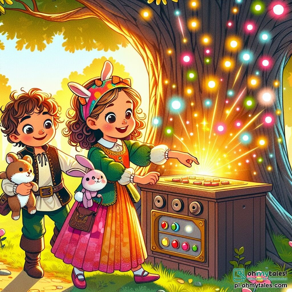 Une illustration sous forme de dessin destinée aux enfants représentant un parc ensoleillé avec un grand chêne, où une petite fille de 5 ans aux cheveux bouclés et vêtue d'une robe colorée, tenant un plus petit lapin en peluche, appuie sur un bouton d'une machine mystérieuse aux lumières scintillantes, tandis qu'à ses côtés, un garçon aux vêtements médiévaux souriant, avec des cheveux bruns, observe avec curiosité, alors qu'un tourbillon de couleurs les entoure, symbolisant un voyage dans le temps vers des aventures fantastiques.