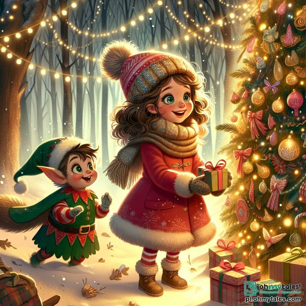 Une illustration sous forme de dessin destinée aux enfants représentant une scène magique dans une forêt enchantée, où une fille de 11 ans aux cheveux bouclés et aux yeux pétillants, vêtue d'un manteau rouge et d'une écharpe en laine, se tient émerveillée devant une grande choinka décorée de lumières scintillantes et de guirlandes colorées, tandis qu'un petit elfe aux oreilles pointues, vêtu d'un costume vert et d'un chapeau festif, l'aide à préparer des cadeaux en riant, le tout baigné dans une douce lumière dorée et entouré de flocons de neige tombant doucement.