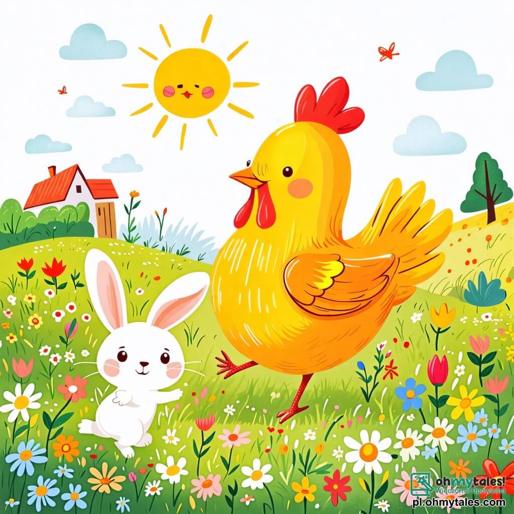 Une illustration sous forme de dessin destinée aux enfants représentant un charmant paysage de campagne ensoleillé, avec une poule aux plumes dorées et au regard curieux, courant joyeusement à travers une prairie parsemée de fleurs colorées, tandis qu'un petit zajączek au pelage blanc et aux grandes oreilles l'accompagne en sautillant, tous deux explorant ensemble leur environnement, symbolisant l'amitié et l'aventure.