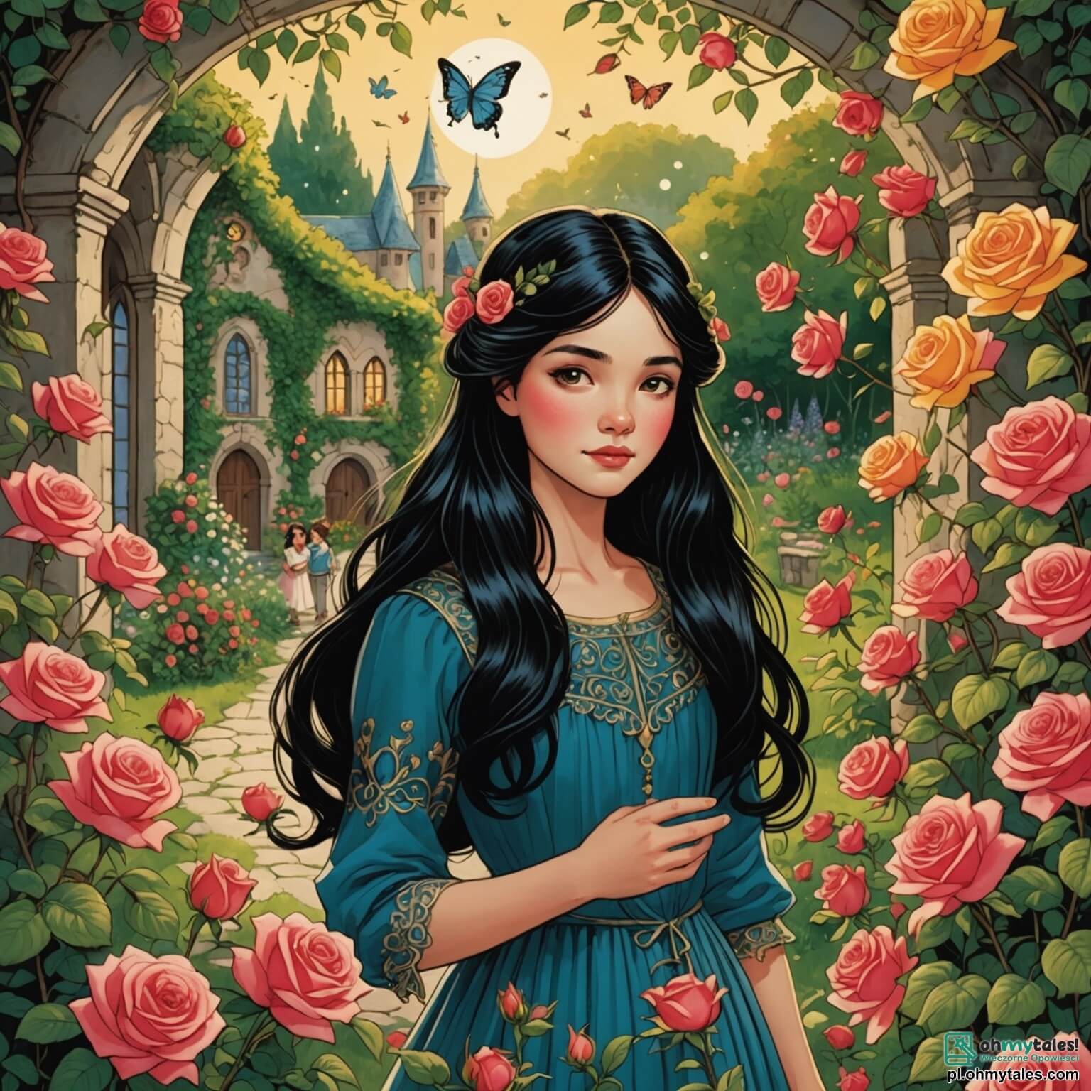 Une illustration destinée aux enfants représentant une femme au cœur tendre, aux longs cheveux noirs comme l'encre, se tenant avec grâce au milieu d'un jardin enchanteur, où des roses éclatantes de couleurs vives dansent sous la brise légère, tandis qu'un groupe de petits esprits malicieux, des garçons aux yeux pétillants de malice, l'entoure, offrant une touche de magie à cet endroit féerique, situé dans un petit village japonais, où les cerisiers en fleurs se mêlent aux lanternes en papier, créant une atmosphère de rêve et de sérénité.