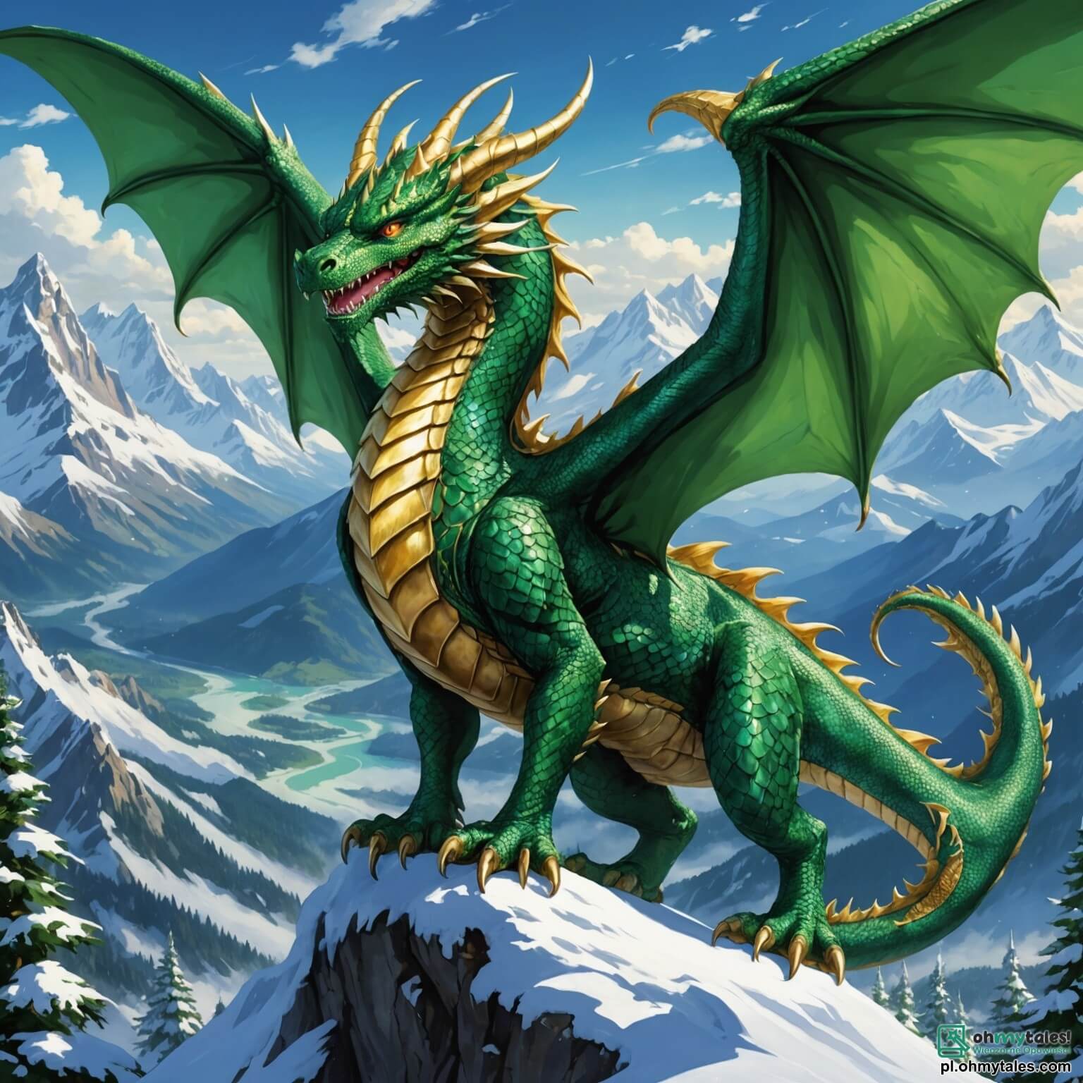 Une illustration destinée aux enfants représentant un majestueux dragon aux écailles scintillantes comme des émeraudes, avec de grands yeux dorés pétillants de curiosité, survolant un vaste et mystérieux royaume de montagnes aux sommets enneigés, où des forêts luxuriantes s'étendent à perte de vue, tandis qu'il cherche à se faire des amis parmi les créatures magiques qui habitent ce monde enchanteur, comme une sage et malicieuse fée aux ailes iridescentes et un courageux jeune garçon au cœur pur, tous deux désireux d'apprendre à connaître le dragon et à découvrir ensemble les secrets cachés de cette terre féerique.