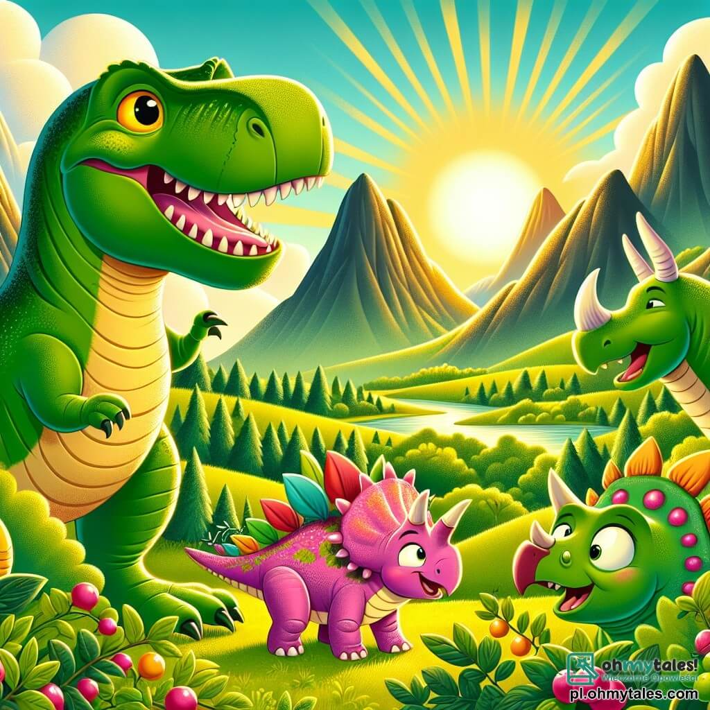 Une illustration sous forme de dessin destinée aux enfants représentant une vallée verdoyante entourée de hautes montagnes, où un grand Tyrannosaure Rex à la peau verte et aux yeux jaunes éclatants, souriant joyeusement, se tient au sommet d'une colline, entouré de ses nouveaux amis : une petite Stégosaure rose avec des écailles colorées, qui s'amuse à attacher des fleurs à son dos, et un Tricératops aux cornes imposantes, riant tout en sautant dans un buisson de baies, le tout baigné par la lumière dorée du soleil couchant, symbolisant une belle journée d'aventures et d'amitié.