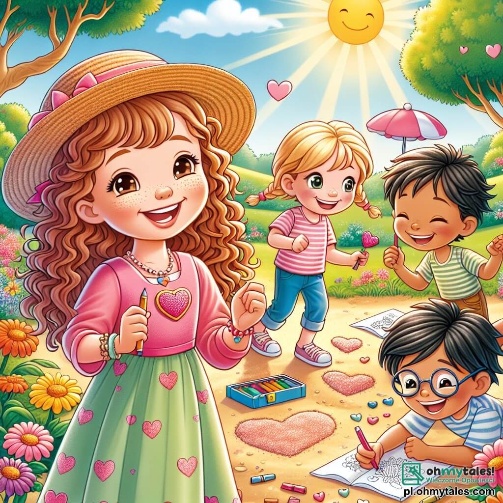 Une illustration sous forme de dessin destinée aux enfants représentant un parc ensoleillé rempli de fleurs colorées et d'arbres verdoyants, où une fille de 11 ans aux cheveux bruns et bouclés, portant une robe rose et un chapeau de paille, sourit joyeusement en tenant des cartes en forme de cœur, entourée de ses trois amis : une fille aux cheveux blonds tressés en deux nattes qui dessine sur le sol, un garçon aux lunettes et aux cheveux châtains qui cherche des trésors dans le sable, et un autre garçon aux cheveux noirs qui raconte une blague, tous riant ensemble alors qu'ils participent à une chasse au trésor pleine de surprises pour célébrer la Saint-Valentin.