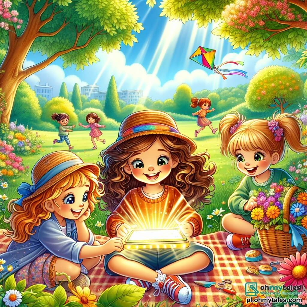 Ilustracja przedstawiająca piękne, słoneczne popołudnie w zielonym parku, z drzewami o jaskrawych liściach i kolorowymi kwiatami tańczącymi na wietrze. W centrum obrazu trzy małe dziewczynki w wieku pięciu lat siedzą na dużym kocu piknikowym. Jedna z nich, dziewczynka z brązowymi, kręconymi włosami, radośnie uśmiecha się, trzymając w rękach świecący tablet. Obok niej dziewczynka z blond, prostymi włosami w słomkowym kapeluszu, z zachwytem patrzy na ekran, jej oczy iskrzą się ciekawością. Trzecia dziewczynka, z kasztanowymi włosami związanymi w dwa warkocze, zbiera kolorowe kwiaty, aby zrobić naszyjnik. Atmosfera jest pełna radości i ekscytacji, z promieniami słońca oświetlającymi scenę. W tle widać dzieci bawiące się, latawiec wznoszący się na niebieskim niebie oraz kosz piknikowy wypełniony smakołykami. Obraz emanuje poczuciem koleżeństwa i odkrywania, ilustrując moment, w którym dziewczynki balansują między przyjemnością gier cyfrowych a pięknem otaczającego je świata natury.