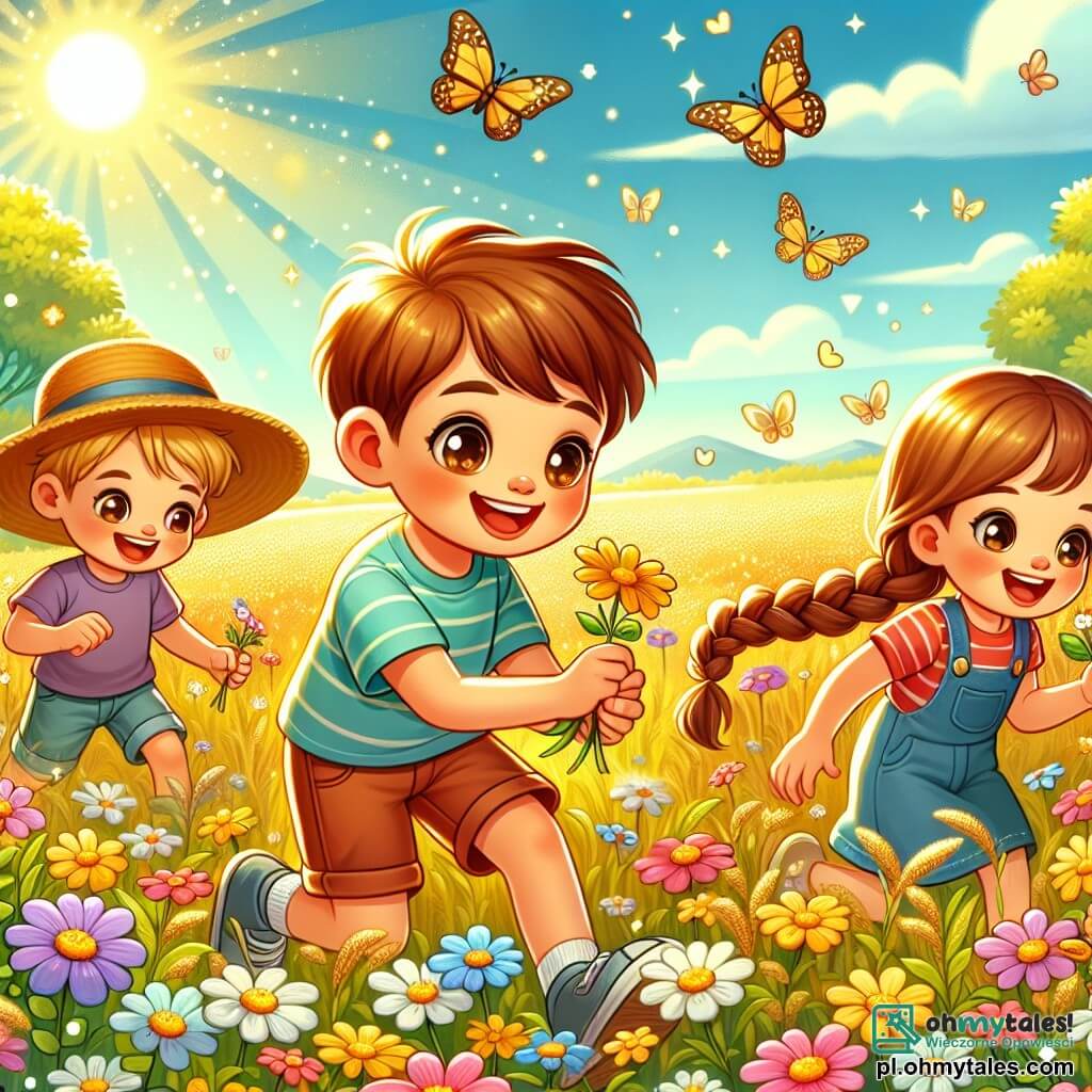 Une illustration sous forme de dessin destinée aux enfants représentant une vaste prairie en fleurs, baignée par la lumière dorée du soleil du printemps, où un garçon de 9 ans aux cheveux châtains et aux yeux pétillants, vêtu d'un t-shirt coloré et de shorts, est en train de cueillir des fleurs avec enthousiasme, tandis qu'à ses côtés, une fille aux longs cheveux bruns tressés et un garçon portant une casquette bleue s'amusent à ramasser des pétales et à rire, tous trois plongés dans l'exploration joyeuse de la nature, entourés de papillons virevoltant et d'un ciel bleu parsemé de nuages blancs.