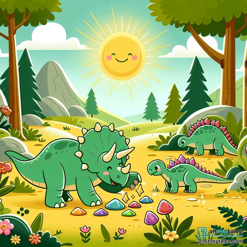 Une illustration sous forme de dessin destinée aux enfants représentant une clairière ensoleillée dans un ancien forêt, avec un tricératops à la peau verte et trois majestueux cornes, joyeusement en train de ramasser des pierres brillantes, tandis qu'un petit stégosaure aux écailles roses l'observe avec émerveillement, entourés de fleurs colorées et de grands arbres, capturant l'instant magique de leur découverte de trésors cachés.