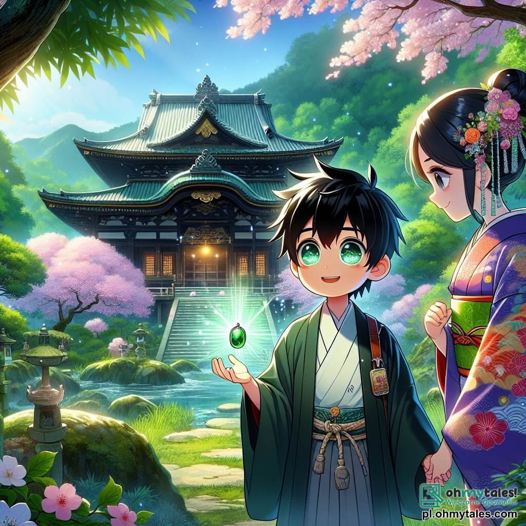 Une illustration sous forme de dessin destinée aux enfants représentant une ancienne et mystérieuse temple japonais, entouré de verdure luxuriante et de fleurs de cerisier en fleurs, où un jeune homme aux cheveux noirs et aux yeux pétillants, vêtu d'un kimono traditionnel, se tient émerveillé devant un brin de lumière émanant d'un jade amulet qu'il vient de découvrir, tandis qu'une jeune fille au sourire doux, habillée d'un kimono coloré, l'observe avec bienveillance, symbolisant la rencontre entre le courage et la sagesse dans un monde enchanteur rempli de légendes.