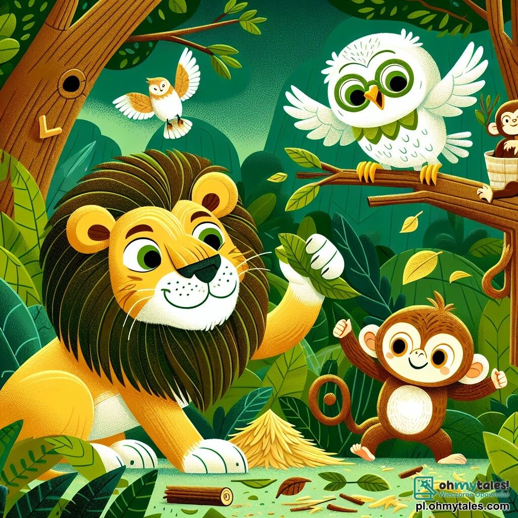 Une illustration sous forme de dessin destinée aux enfants représentant une densa jungle verdoyante, où un majestueux lion à la crinière dorée et aux yeux brillants, souriant et plein de détermination, construit un abri avec des feuilles et des branches, tandis qu'une petite małpka espiègle, avec un pelage brun et des yeux pétillants, saute joyeusement autour de lui en ramassant des feuilles, et une sage chouette aux plumes blanches et aux lunettes rondes veille depuis une branche, observant le ciel menaçant, illustrant ainsi l'esprit d'amitié et de coopération face à l'imminence d'une tempête.