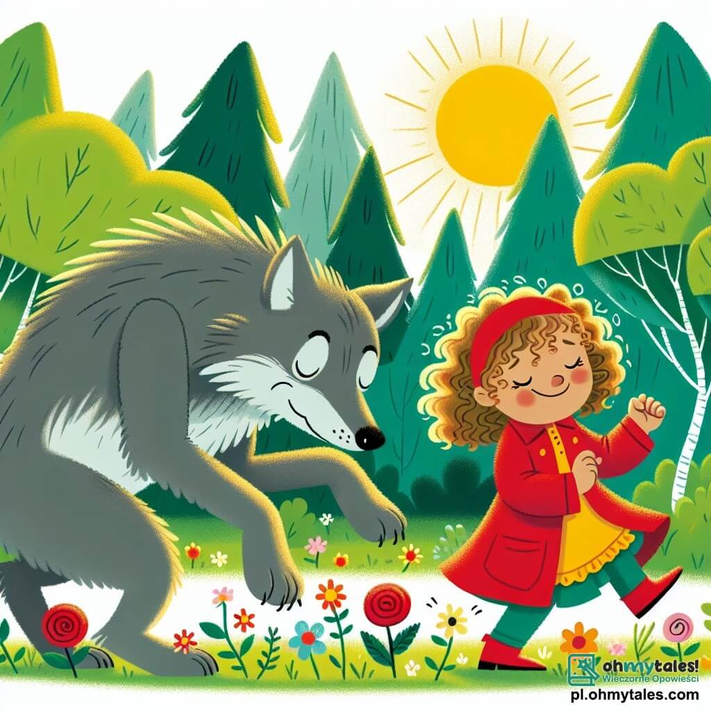 Une illustration sous forme de dessin destinée aux enfants représentant une clairière verdoyante dans une forêt ensoleillée, où une petite fille de 3 ans, aux cheveux bouclés et portant une pelure rouge, danse joyeusement en cueillant des fleurs colorées, tandis qu'un grand loup gris, avec un regard surpris et des pattes fatiguées, tente de la suivre en dansant maladroitement, illustrant ainsi leur improbable amitié naissante au milieu de la nature.