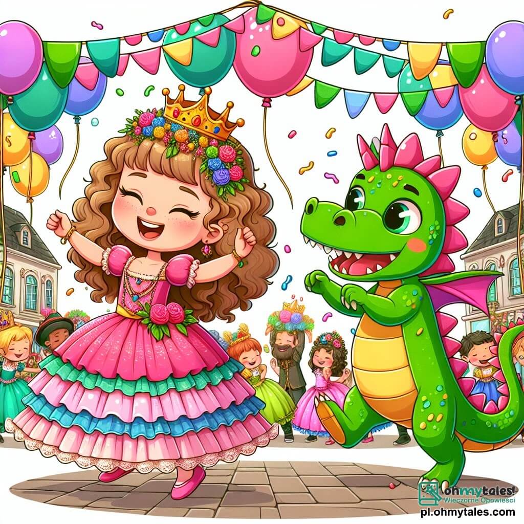 Une illustration sous forme de dessin destinée aux enfants représentant un carnaval coloré dans une petite ville, avec des ballons flottants et des guirlandes lumineuses, où une fille de 5 ans, aux cheveux bouclés et portant une magnifique robe rose avec des falbala, danse joyeusement en tenant une couronne dorée, tandis qu'un garçon déguisé en dragon, avec des écailles vertes et des ailes brillantes, l'encourage en riant, entourés d'autres enfants en costumes variés qui s'amusent et partagent des bonbons, créant une atmosphère de fête et de magie.