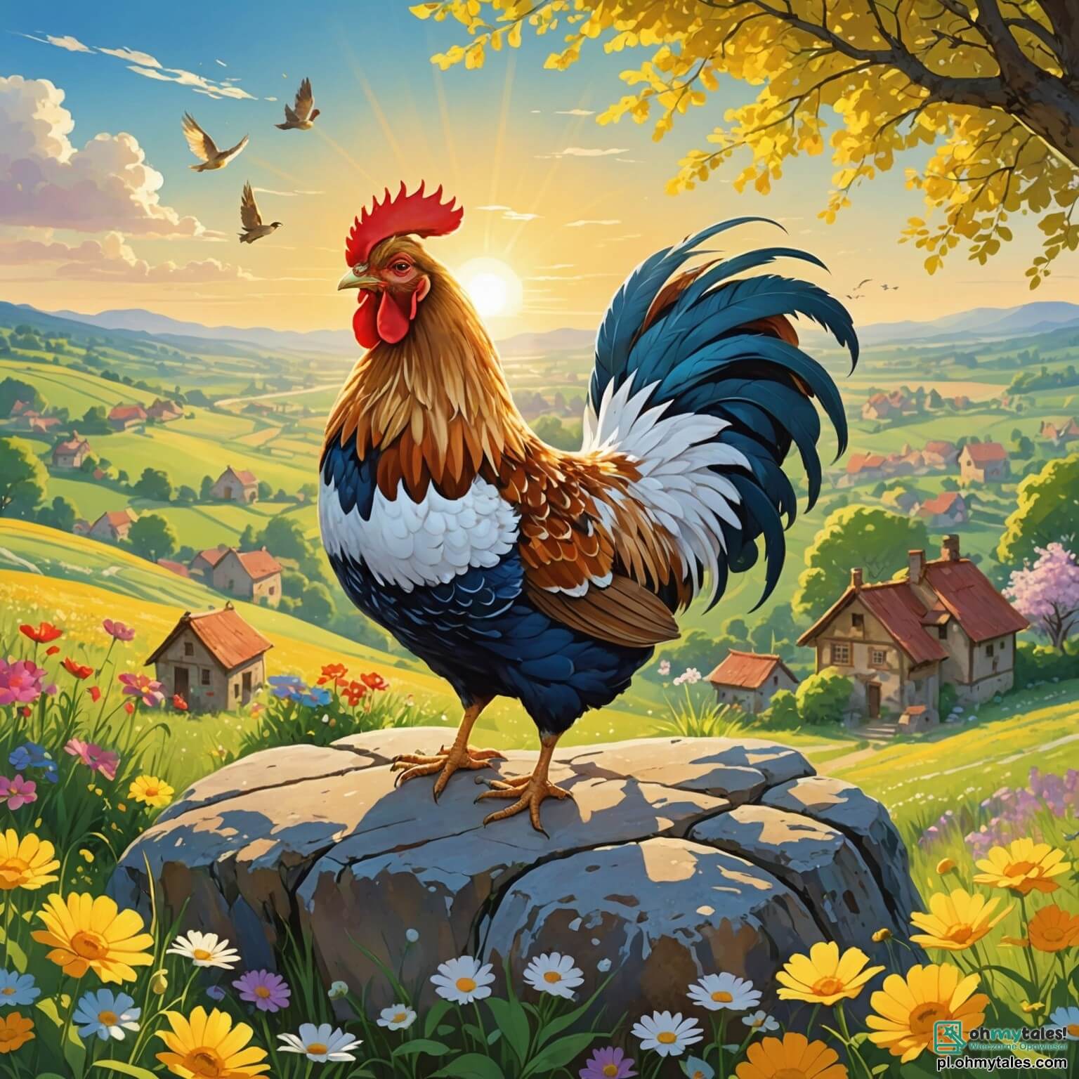 Une illustration destinée aux enfants représentant une poule au plumage doré et brillant, perchée sur un gros rocher luisant sous les rayons du soleil levant, rêveuse et pleine d'espoir, se tenant au bord d'une vaste prairie parsemée de fleurs colorées dans un petit village pittoresque, où se mêlent les chants joyeux des oiseaux et le doux murmure du vent, tandis qu'elle se lance dans une aventure palpitante pour sauver une petite écureuil piégée dans une sombre grotte, avec l'aide d'un lumineux luciole espiègle et d'un grand loup au cœur tendre, tous deux prêts à surmonter les peurs et à découvrir la force de l'amitié.
