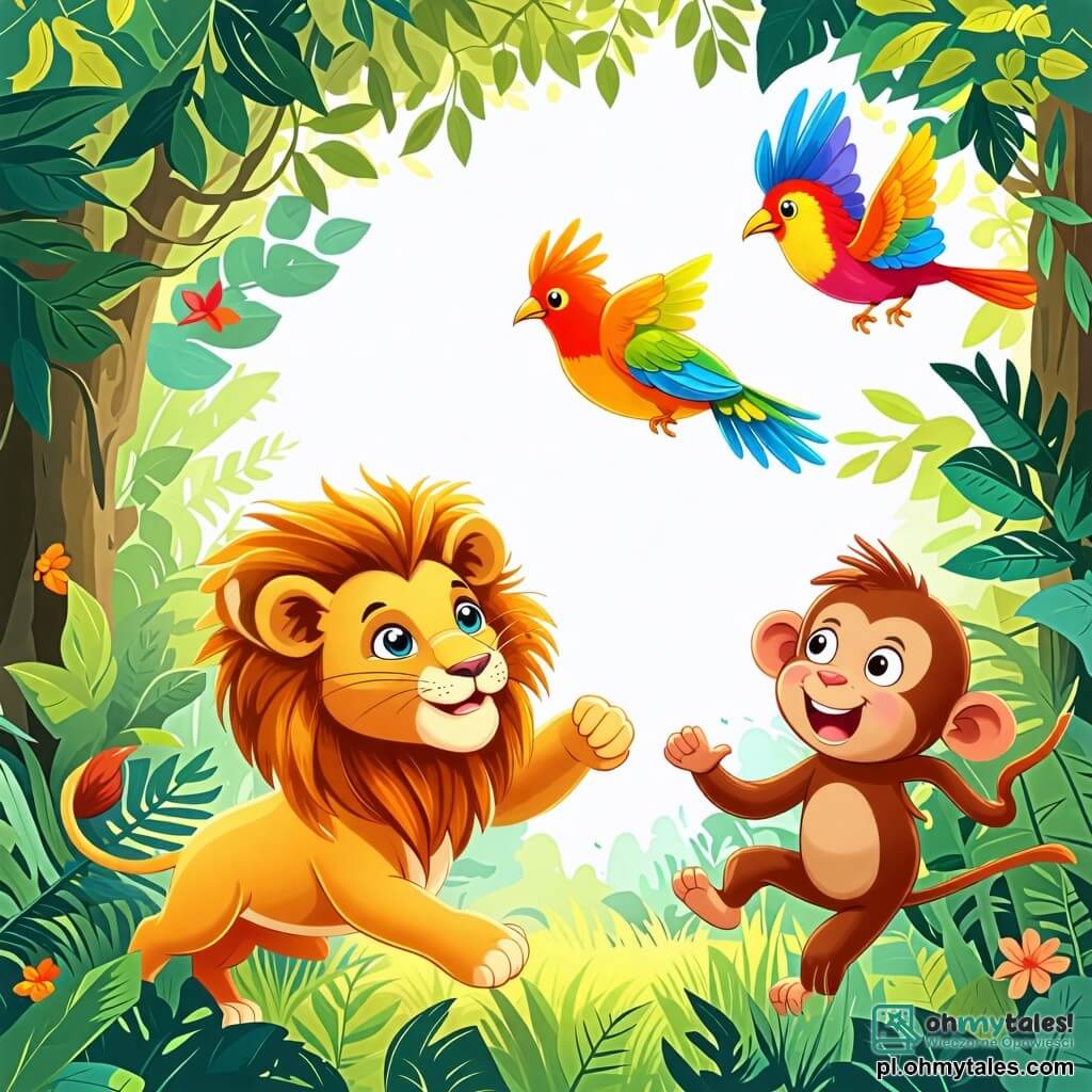 Une illustration sous forme de dessin destinée aux enfants représentant une scène ensoleillée dans une jungle luxuriante, où un jeune lion au pelage doré et aux yeux pétillants de curiosité court joyeusement à travers les feuillages, accompagné d'une petite maïpke espiègle aux poils bruns qui saute de branche en branche, tandis qu'un oiseau coloré aux plumes vives les survole en chantant, le tout illustrant leur amitié et leur joie de jouer ensemble dans la nature.