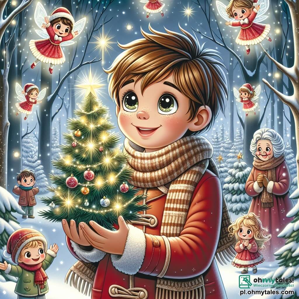 Une illustration sous forme de dessin destinée aux enfants représentant une scène magique de Noël dans une forêt enneigée, où un garçon de 11 ans aux cheveux châtains et aux yeux pétillants, vêtu d'un manteau rouge et d'une écharpe en laine, sourit joyeusement en tenant une petite choinka décorée, entouré de petites fées lumineuses aux ailes scintillantes qui dansent autour de lui, tandis qu'en arrière-plan, une vieille dame souriante et un jeune garçon aux cheveux blonds, tous deux émerveillés, regardent la scène avec des étoiles dans les yeux, illustrant l'esprit de partage et de joie des fêtes.
