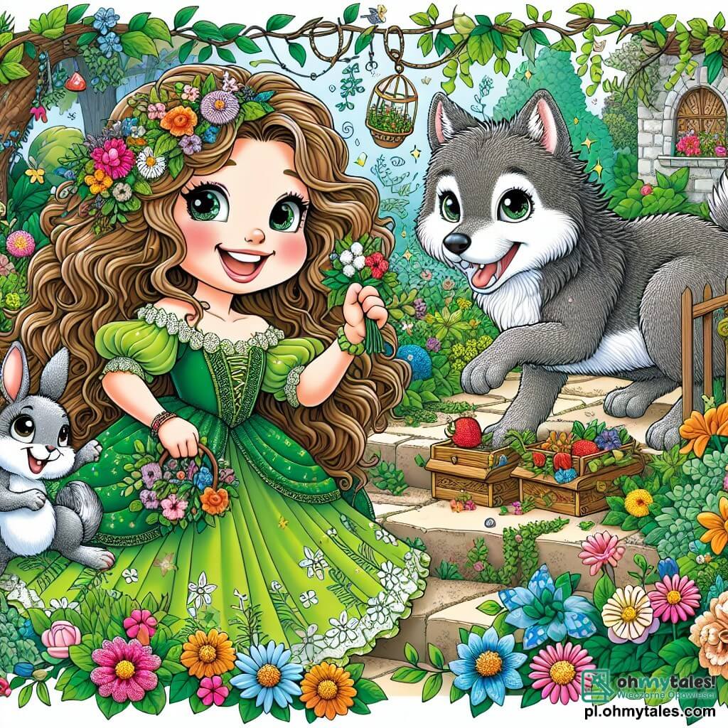 Une illustration sous forme de dessin destinée aux enfants représentant un jardin enchanté, rempli de fleurs colorées et de plantes magiques, où une femme aux cheveux longs et ondulés, vêtue d'une robe verte ornée de motifs floraux, sourit joyeusement en tenant un bouquet de fleurs, tandis qu'un petit lapin gris aux yeux brillants, tremblant de peur, se cache derrière elle, et un grand loup au pelage doux et amical s'approche avec curiosité, alors qu'ils préparent ensemble une astucieuse piège pour sauver le lapin d'un danger imminent, illustrant ainsi l'amitié et la magie de la nature.