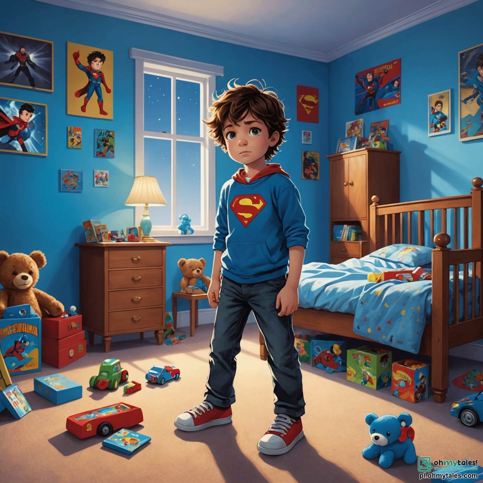 Une illustration destinée aux enfants représentant un petit garçon aux yeux pétillants de curiosité et aux cheveux ébouriffés, qui, dans sa chambre aux murs peints en bleu ciel, ornée de posters de super-héros et de jouets éparpillés, se tient tremblant au bord de son lit, la lumière tamisée d'une lampe de chevet projetant des ombres dansantes sur le sol, tandis qu'il scrute avec appréhension l'obscurité menaçante de la pièce, où se cache son fidèle ours en peluche, son seul ami, et où sa maman, une femme douce et réconfortante, entre pour lui murmurer des mots apaisants, lui promettant que la nuit n'est pas aussi effrayante qu'elle en a l'air, transformant ainsi son angoisse en une douce aventure nocturne.
