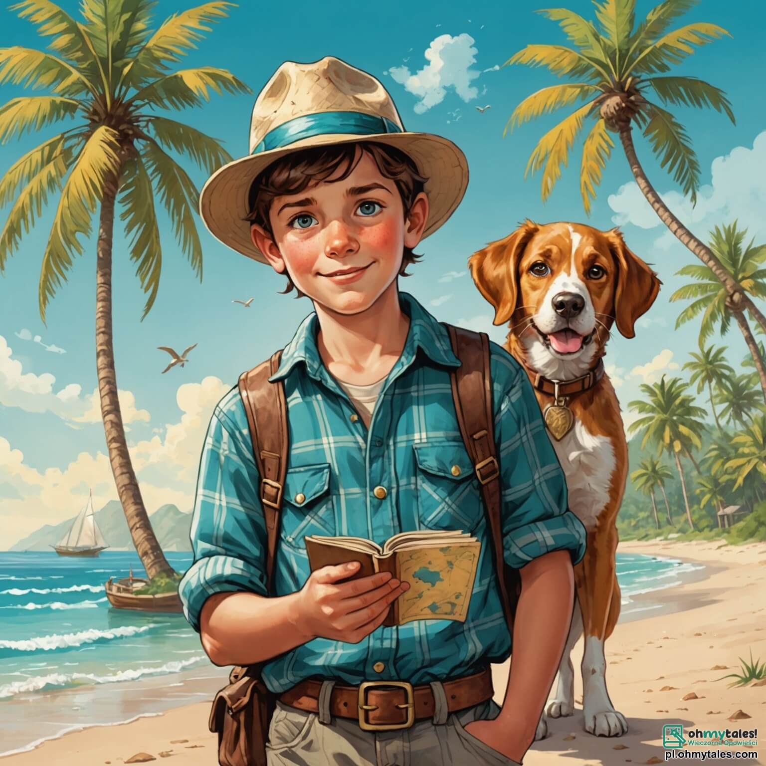 Une illustration destinée aux enfants représentant un jeune garçon aux yeux pétillants de curiosité, vêtu d'un chapeau d'explorateur usé et d'une chemise à carreaux, se tenant sur une plage dorée bordée de palmiers verdoyants, face à une mer turquoise scintillante, tenant une vieille carte au trésor dans ses mains, tandis qu'à ses côtés, son fidèle ami à quatre pattes, un chien espiègle aux oreilles tombantes, renifle le sol avec enthousiasme, alors qu'ils se préparent à embarquer sur une petite barque en bois, prête à les mener vers une mystérieuse île couverte d'une jungle luxuriante, où les rumeurs parlent de créatures fantastiques et de trésors oubliés, tandis qu'un sage vieux scientifique, un homme à la barbe blanche et aux lunettes rondes, les observe de loin, les encourageant à poursuivre leur quête audacieuse.