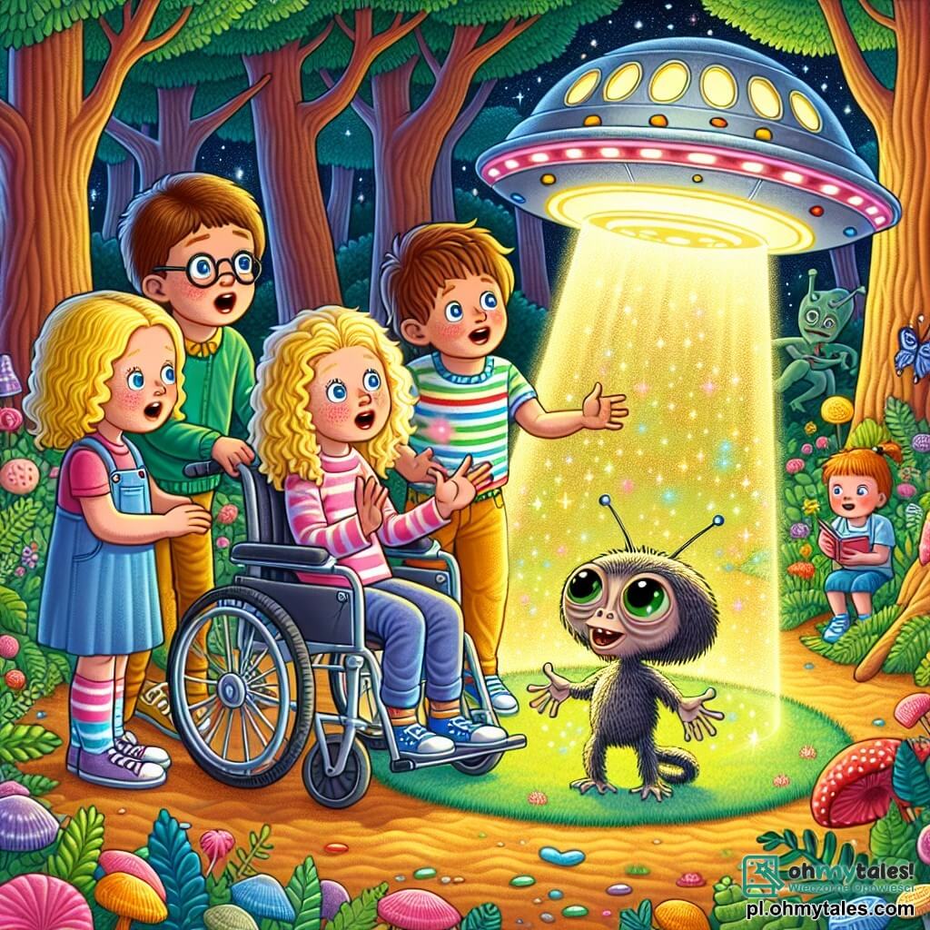 Une illustration sous forme de dessin destinée aux enfants représentant une clairière enchantée au cœur d'une forêt colorée, où un groupe de quatre enfants de sept ans, deux filles aux cheveux bouclés et blonds, l'une en fauteuil roulant, et deux garçons aux cheveux bruns, l'un portant des lunettes et l'autre avec un t-shirt à rayures, regardent avec émerveillement un vaisseau spatial brillant, tandis qu'un petit extraterrestre aux yeux ronds et aux poils colorés les accueille avec un grand sourire, illustrant leur rencontre magique et leur aventure intergalactique.