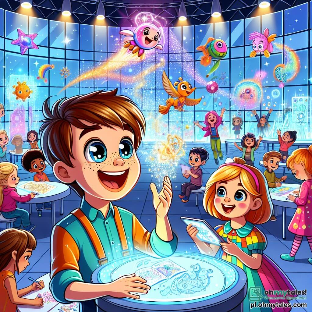 Ilustracja przedstawiająca futurystyczne centrum edukacji holograficznej, z dużymi, błyszczącymi szklanymi ścianami, unoszącymi się interaktywnymi ekranami i kolorowymi hologramami fantastycznych stworzeń w powietrzu. Na pierwszym planie pięcioletni chłopiec z dużymi, błyszczącymi oczami i kasztanowymi włosami, uśmiechając się z entuzjazmem, trzyma małe urządzenie holograficzne w rękach. Obok niego pięcioletnia dziewczynka z różowymi włosami, w kolorowej sukience, z pasją rysuje hologram latającej ryby. W tle inne dzieci, chłopcy i dziewczynki, krzątają się wokół stołów, tworząc własne hologramy, podczas gdy radosny instruktor w jasnym kombinezonie z dumą ich obserwuje. Atmosfera jest wypełniona śmiechem i ekscytacją, z żywymi kolorami i migoczącymi światłami, które dodają magii chwili.