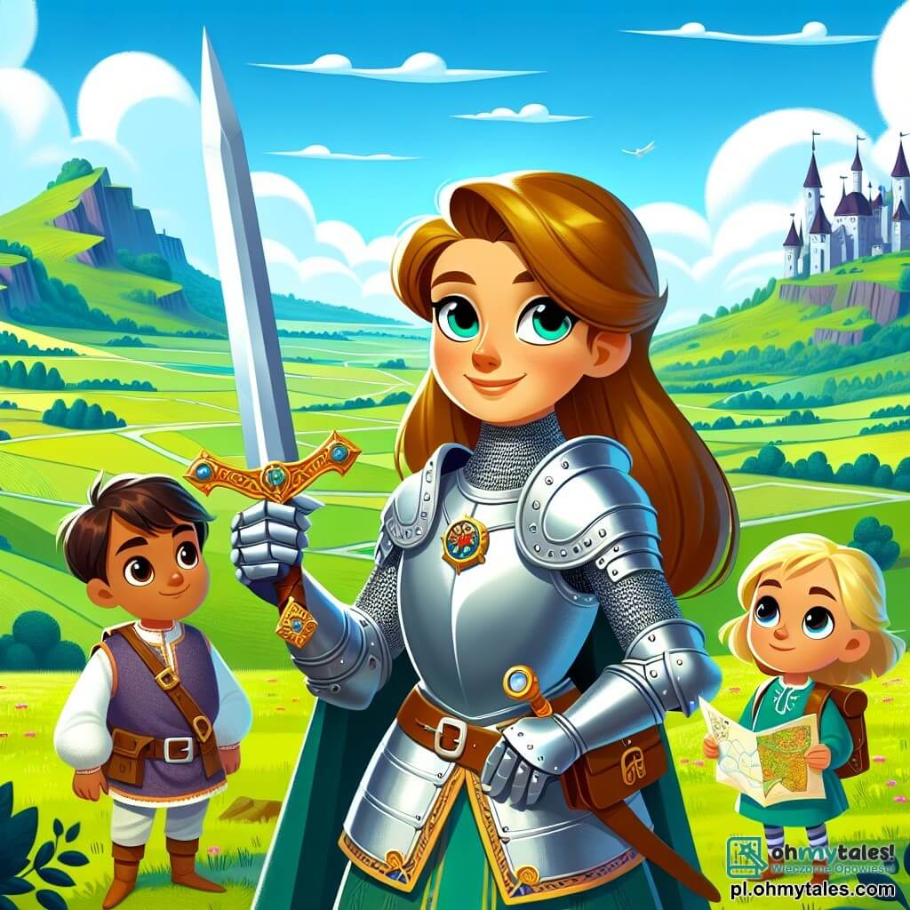 Une illustration sous forme de dessin destinée aux enfants représentant une vaste plaine verdoyante sous un ciel bleu éclatant, où une courageuse chevaleresse aux longs cheveux bruns et à la brillante armure argentée brandit fièrement son épée, prête à défendre son royaume, tandis qu'à ses côtés se tiennent un jeune garçon aux yeux pétillants, vêtu d'une tunique colorée, tenant une carte, et une petite fille aux cheveux blonds, observant avec émerveillement, alors qu'ils se préparent à affronter ensemble le maléfique seigneur noir qui menace leur paisible contrée.