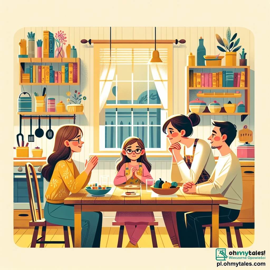 Ilustracja przedstawiająca ciepłą scenę w rodzinnej kuchni. Pomieszczenie jest jasne, z pastelowo żółtymi ścianami, drewnianymi półkami wypełnionymi książkami kucharskimi oraz oknami wpuszczającymi światło słoneczne, które oświetlają drewniany stół z starannie przygotowanym posiłkiem. Na środku dziewczynka w wieku około 10 lat, z długimi brązowymi włosami i okularami, patrzy na swoich rodziców z wyrazem nadziei. Po jej prawej stronie kobieta w wieku około 30 lat, z brązowymi włosami związanymi w kok, nosi kolorowy fartuch i delikatnie się uśmiecha, podczas gdy po jej lewej stronie mężczyzna w wieku około 30 lat, z lekką brodą i krótkimi włosami, wydaje się zamyślony, z rękami opartymi na stole. Główna sytuacja pokazuje dziewczynkę, która zabiera głos, lekko unosząc ręce, jakby chciała wyrazić swoje uczucia, podczas gdy jej rodzice uważnie jej słuchają, tworząc atmosferę dialogu i zrozumienia. Elementy takie jak kolorowe talerze, przybory kuchenne i bukiet kwiatów na stole dodają przytulności tej rodzinnej scenie.