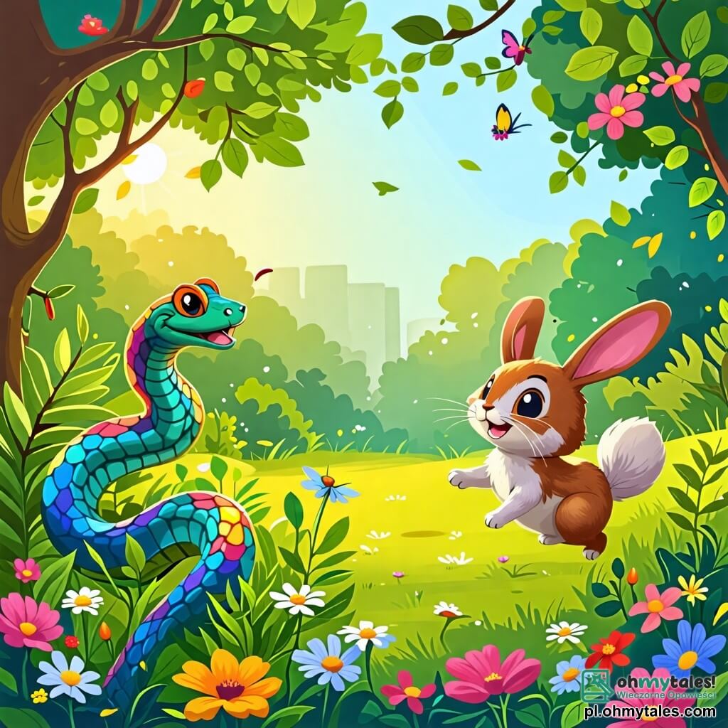 Une illustration sous forme de dessin destinée aux enfants représentant une clairière ensoleillée dans une forêt verdoyante, où un serpent aux écailles brillantes et colorées, enroulé sur une branche, sourit joyeusement tout en observant un petit lapin aux grandes oreilles et au pelage doux, qui saute autour de lui avec enthousiasme, illustrant leur amitié naissante et leur jeu joyeux dans un cadre rempli de fleurs colorées et d'arbres majestueux.