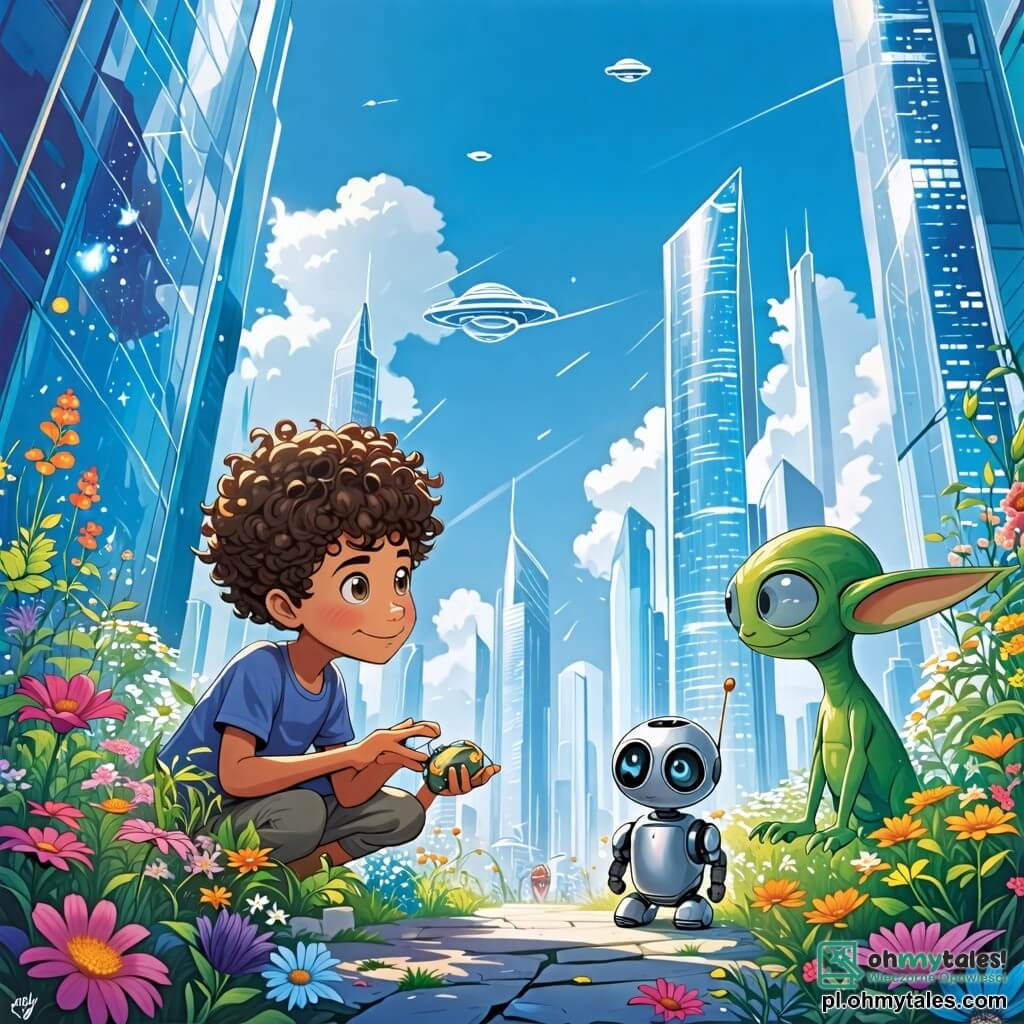 Une illustration sous forme de dessin destinée aux enfants représentant une ville futuriste aux bâtiments en verre scintillant sous un ciel bleu, avec un garçon de 10 ans aux cheveux bouclés et aux yeux pétillants, tenant un petit robot argenté qui s'anime à ses côtés, tandis qu'un étrange petit être vert aux grandes oreilles les observe avec curiosité, le tout dans une scène où le garçon découvre un objet mystérieux sur le sol, entouré de fleurs colorées et de technologies flottantes, symbolisant l'harmonie entre la nature et la technologie.