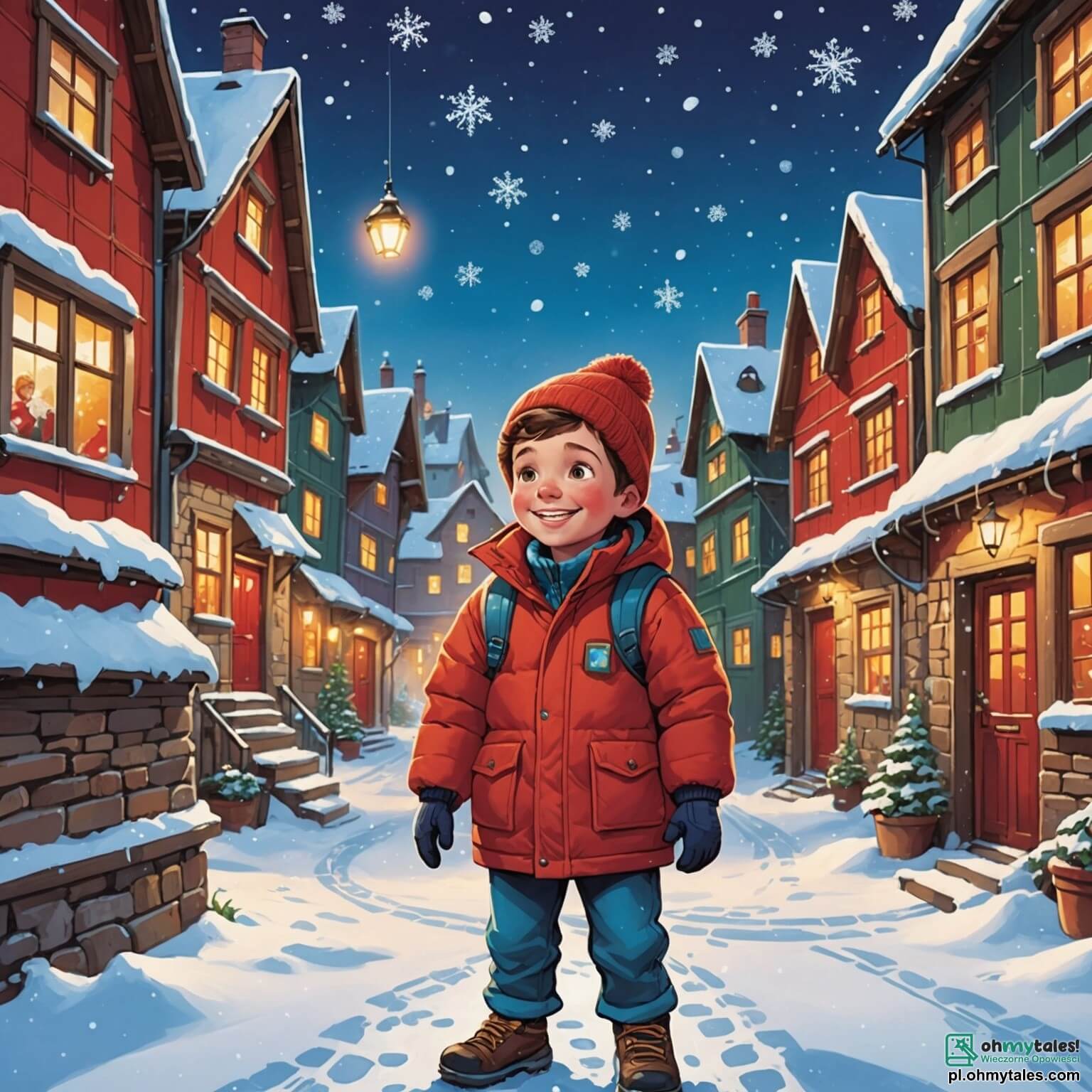 Une illustration destinée aux enfants représentant un garçon aux yeux pétillants de curiosité et au sourire éclatant, vêtu d'une chaude doudoune rouge, se tenant au milieu d'un charmant village enneigé où les flocons de neige dansent dans l'air frais, entouré de maisons aux toits recouverts de neige scintillante et de fenêtres illuminées par des guirlandes colorées, tandis qu'il rêve de créer un cadeau magique pour sa meilleure amie, une fille pleine de joie et d'aventures, alors qu'un baigneur enjoué, fait de neige, semble l'encourager à explorer les mystères de cette période festive.