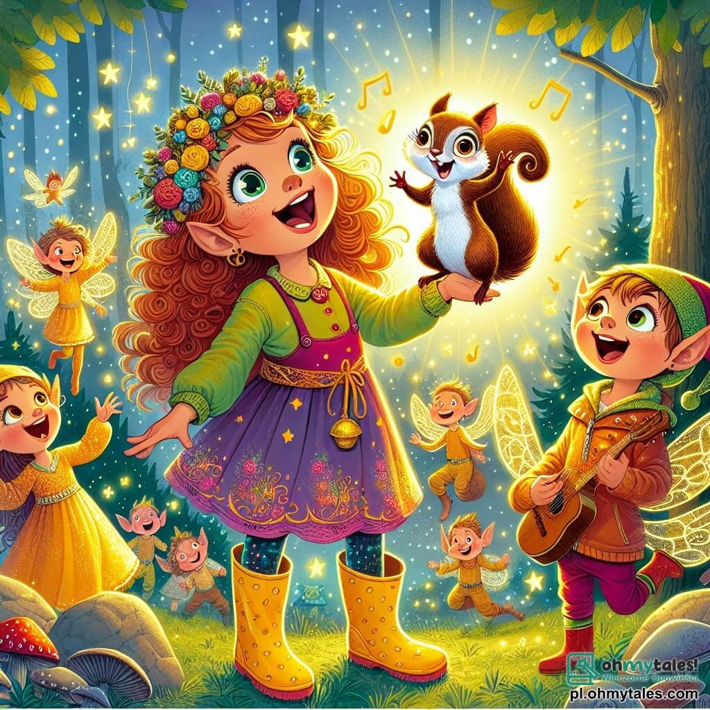 Une illustration sous forme de dessin destinée aux enfants représentant une clairière enchantée, baignée de lumière dorée, où une fille de 9 ans aux cheveux bouclés couleur châtaigne, vêtue de vêtements colorés et de bottes en caoutchouc, chante joyeusement avec un petit écureuil malicieux aux yeux pétillants, tandis qu'autour d'eux, des elfes aux ailes scintillantes dansent et rient, célébrant la magie d'une nuit étoilée, alors qu'ils préparent une grande fête pour la Złota Noc.