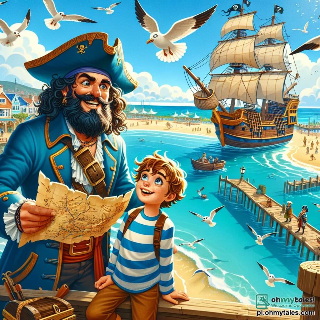 Une illustration sous forme de dessin destinée aux enfants représentant un port animé aux eaux turquoise, avec un grand navire pirate, "Złota Mewa", amarré à quai, où un homme au long manteau bleu, aux cheveux bouclés et à la barbe fournie, brandit une carte au trésor avec un sourire audacieux, tandis qu'un jeune garçon aux yeux pétillants, vêtu d'une chemise rayée et d'un chapeau de pirate, l'observe avec admiration, alors qu'ils planifient ensemble leur prochaine aventure à la recherche d'un légendaire trésor caché sur l'île voisine, entourés de mouettes virevoltant dans le ciel ensoleillé.