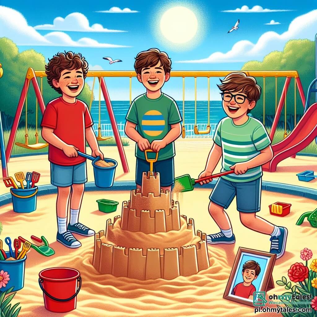 Ilustracja przedstawiająca słoneczne popołudnie na kolorowym placu zabaw, z huśtawkami i zjeżdżalnią w tle. Na pierwszym planie trzech chłopców w wieku około 8 lat, wszyscy uśmiechnięci i radośni, budują dużą zamku z piasku. Jeden z chłopców, z brązowymi, kręconymi włosami, ma na sobie czerwoną koszulkę i niebieskie szorty, podczas gdy inny, z blond, gładkimi włosami, nosi zieloną koszulkę i sandały. Trzeci chłopiec, z kasztanowymi włosami i okularami, siedzi w małym wózku inwalidzkim, ma na sobie żółtą koszulkę i szorty w paski. Używają kolorowych wiader i łopat do formowania piasku, śmiejąc się i rozmawiając razem. W tle na małym stoliku stoi zdjęcie ich zmarłego przyjaciela, otoczone kwiatami, symbolizujące ich pamięć i przyjaźń. Niebo jest niebieskie z kilkoma białymi chmurami, a słońce świeci, tworząc ciepłą i pocieszającą atmosferę.