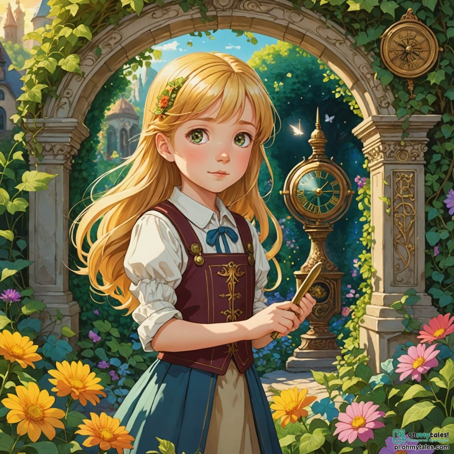 Une illustration destinée aux enfants représentant une petite fille aux cheveux dorés, pétillante de curiosité et d'audace, se tenant devant un vieux jardin enchanté où un mystérieux et brillant cadran solaire, recouvert de lierre et de fleurs colorées, semble murmurer des secrets du passé, tandis qu'elle s'apprête à vivre une aventure extraordinaire à travers le temps, accompagnée de deux amis intrépides : un garçon au sourire malicieux, toujours prêt à relever des défis, et une autre fille à l'imagination débordante, qui rêve de mondes lointains, le tout dans un décor féerique où les arbres majestueux, aux troncs noueux et aux feuilles scintillantes, s'élèvent comme des gardiens des histoires oubliées.