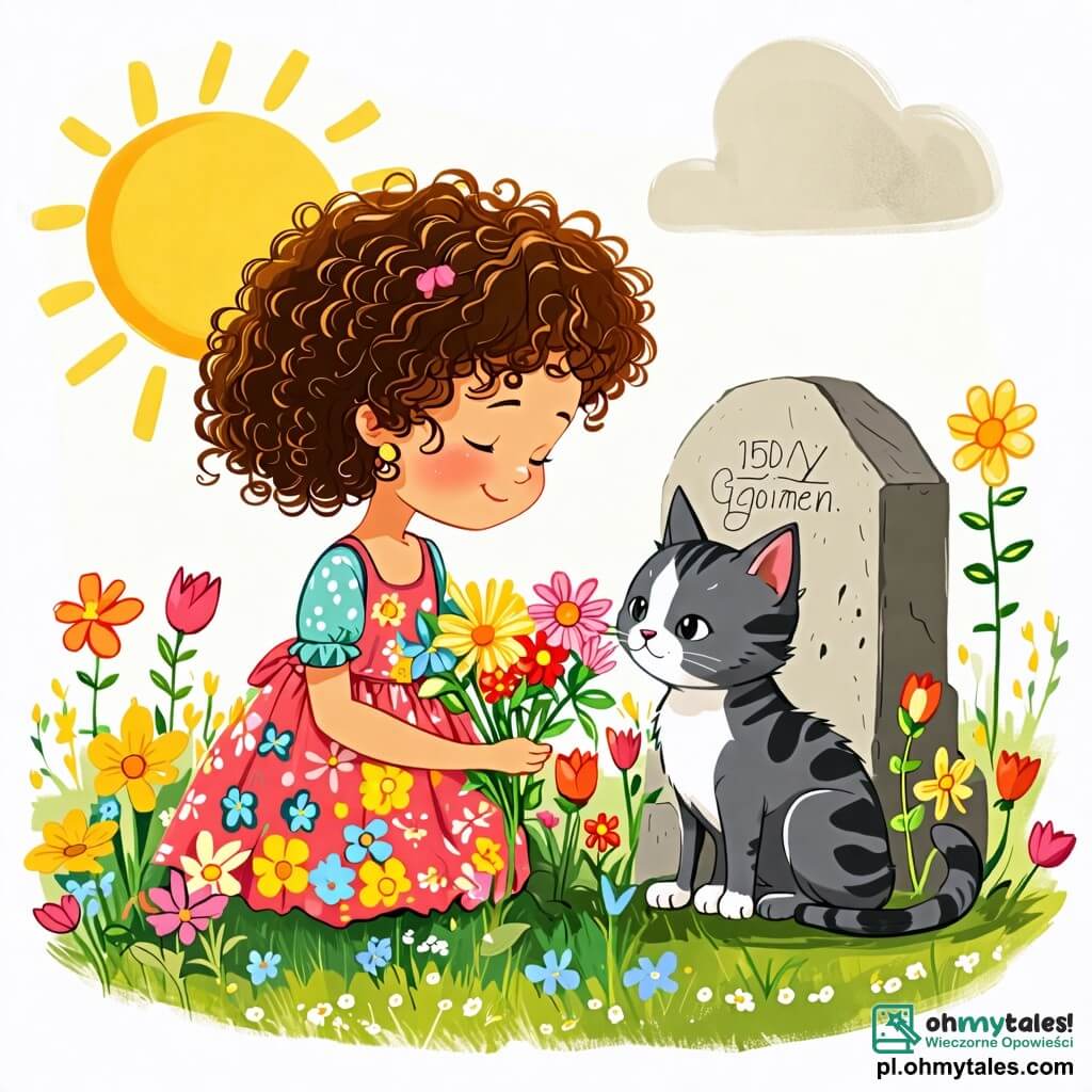 Une illustration sous forme de dessin destinée aux enfants représentant un jardin ensoleillé, rempli de fleurs colorées et d'un petit monument de pierres, où une fille de 8 ans aux cheveux châtains et bouclés, vêtue d'une robe à fleurs, s'agenouille avec un sourire mélancolique, tenant un bouquet de fleurs sauvages, tandis qu'à ses côtés, un petit chat gris avec une tache blanche sur le nez, assis, la regarde avec tendresse, symbolisant un moment de souvenir et d'amour pour une grand-mère disparue, évoquant la beauté des souvenirs et la continuité de la vie.