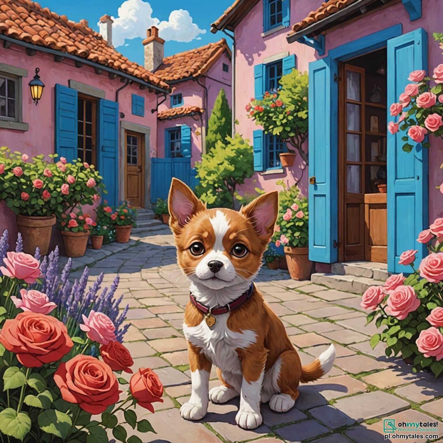 Une illustration destinée aux enfants représentant un petit chien espiègle à la fourrure brune et aux yeux pétillants, qui rêve de devenir un détective intrépide, se retrouve dans un charmant village coloré, où les maisons aux volets bleus et aux toits en tuiles rouges sont entourées de jardins fleuris, aux senteurs de roses et de lavande, tandis qu'il est accompagné de sa meilleure amie, une malicieuse petite chatte grise à rayures, qui l'aide dans sa quête pour résoudre le mystère des biscuits disparus.