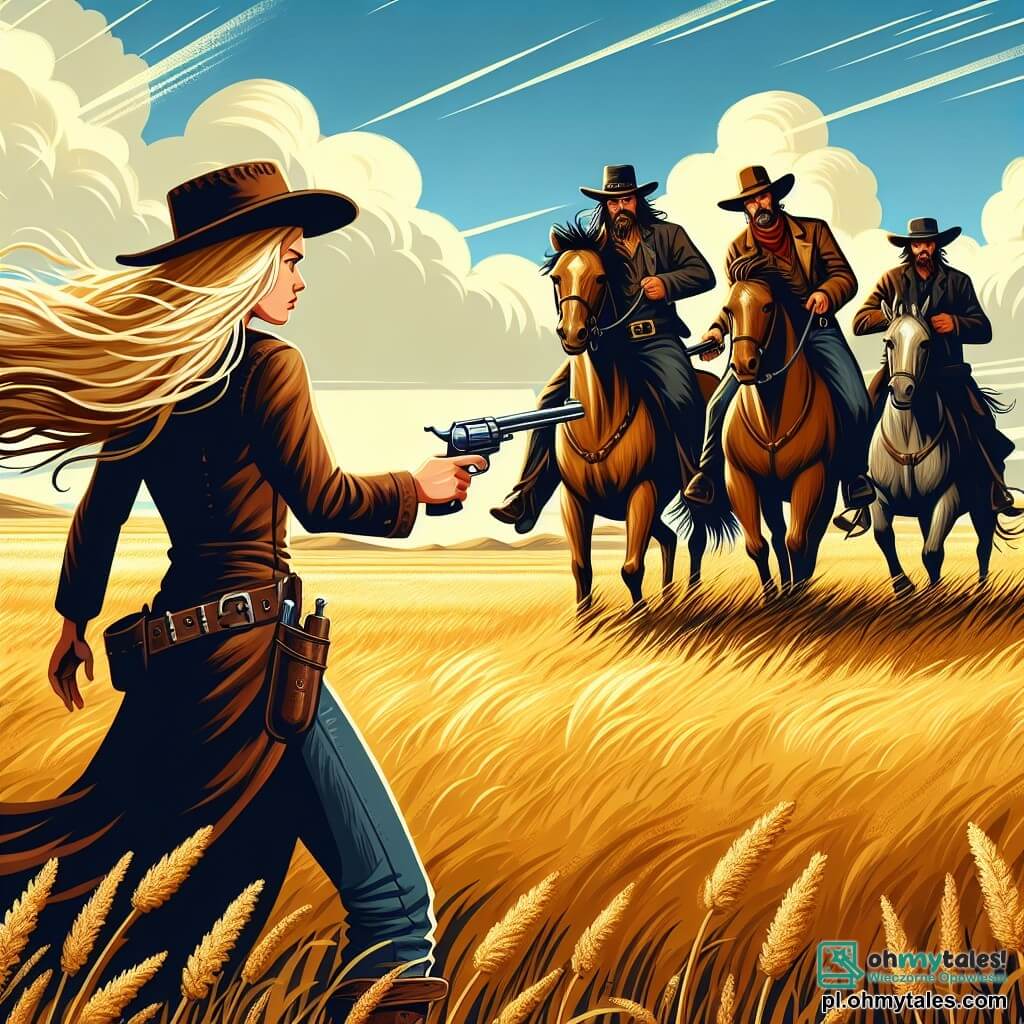 Une illustration sous forme de dessin destinée aux enfants représentant un vaste paysage de prairie dorée sous un ciel bleu éclatant, avec une jeune femme courageuse aux longs cheveux blonds flottant dans le vent, vêtue d'un chapeau de cow-boy et d'une veste en cuir, tenant un revolver et faisant face à un groupe de bandits menaçants, tous des hommes aux visages rudes et aux vêtements poussiéreux, tandis qu'un cheval brun, fidèle compagnon de la jeune femme, se tient à ses côtés, prêt à l'aider dans cette confrontation héroïque pour protéger son village.