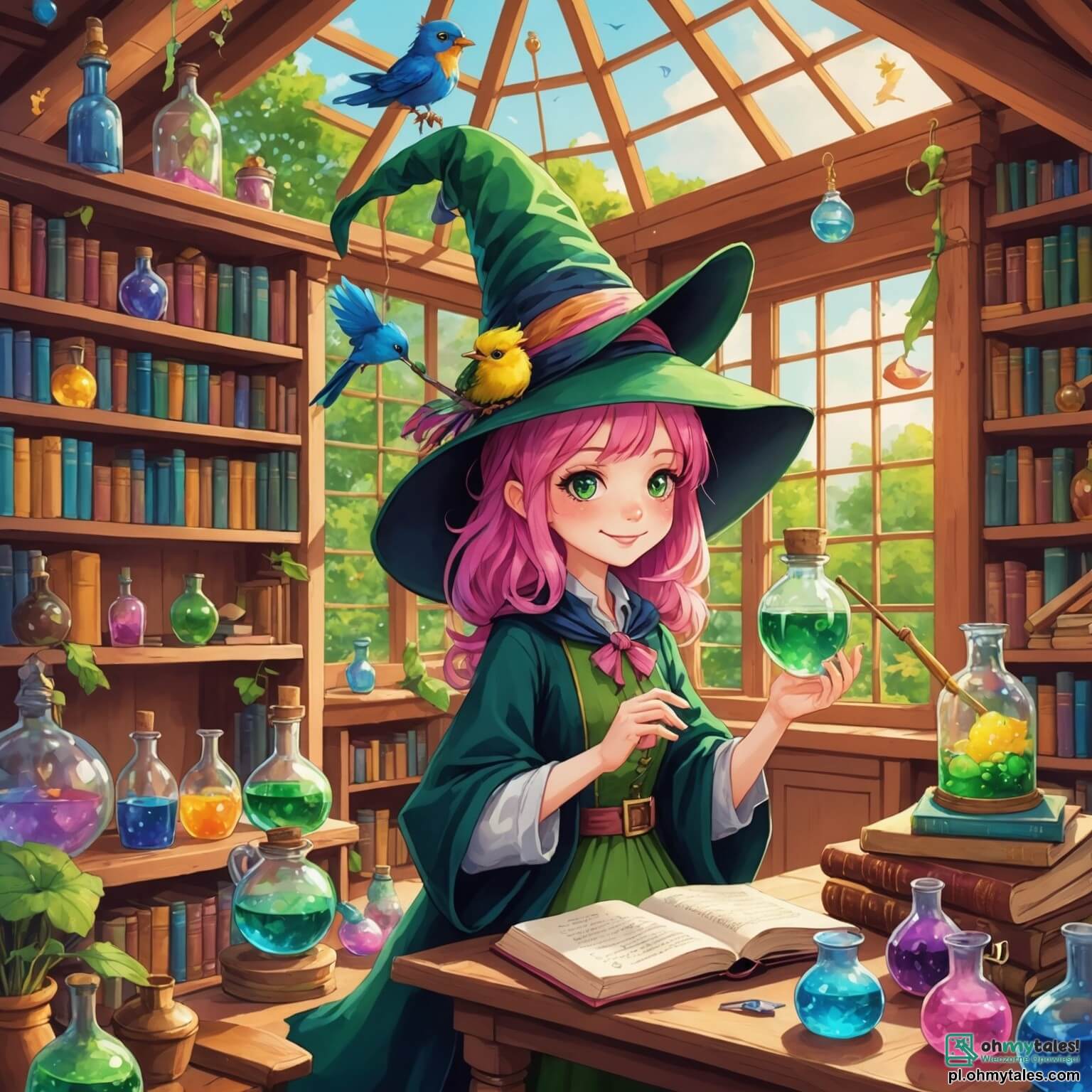 Une illustration destinée aux enfants représentant une sorcière pétillante aux cheveux roses enroulés dans un long chapeau vert, concoctant des potions colorées dans son laboratoire flamboyant, rempli de flacons scintillants et de livres anciens aux pages jaunies, tandis qu’un petit oiseau espiègle aux plumes bleues, son compagnon fidèle, virevolte autour d'elle, le tout se déroulant dans la charmante et colorée viosque de Zaczarowanie, où les fleurs dansent au rythme du vent et les rayons du soleil illuminent chaque recoin de magie.