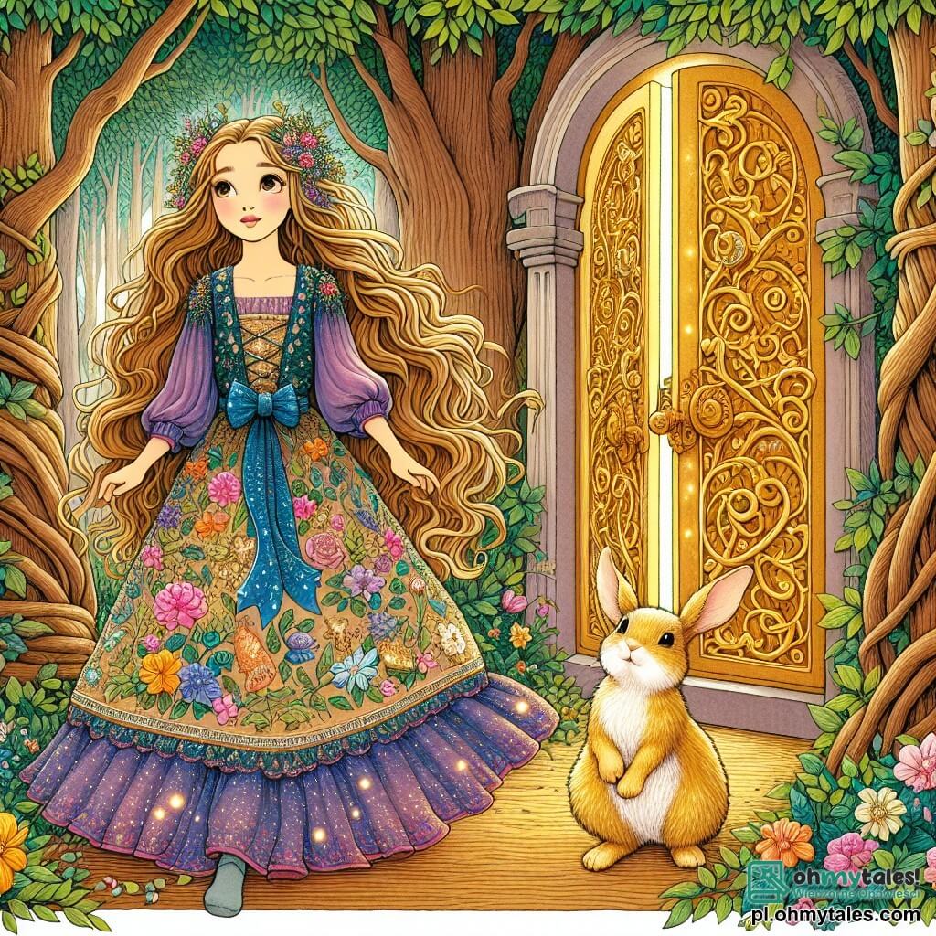 Une illustration sous forme de dessin destinée aux enfants représentant une forêt enchantée, avec des arbres majestueux aux feuilles scintillantes, où une jeune femme aux cheveux longs et ondulés, vêtue d'une robe colorée ornée de fleurs, se tient devant une porte dorée cachée derrière des lianes, tandis qu'un petit lapin aux yeux pétillants et au pelage doré l'observe avec curiosité, illustrant le moment où elle découvre l'entrée d'un monde magique rempli de promesses et d'aventures.