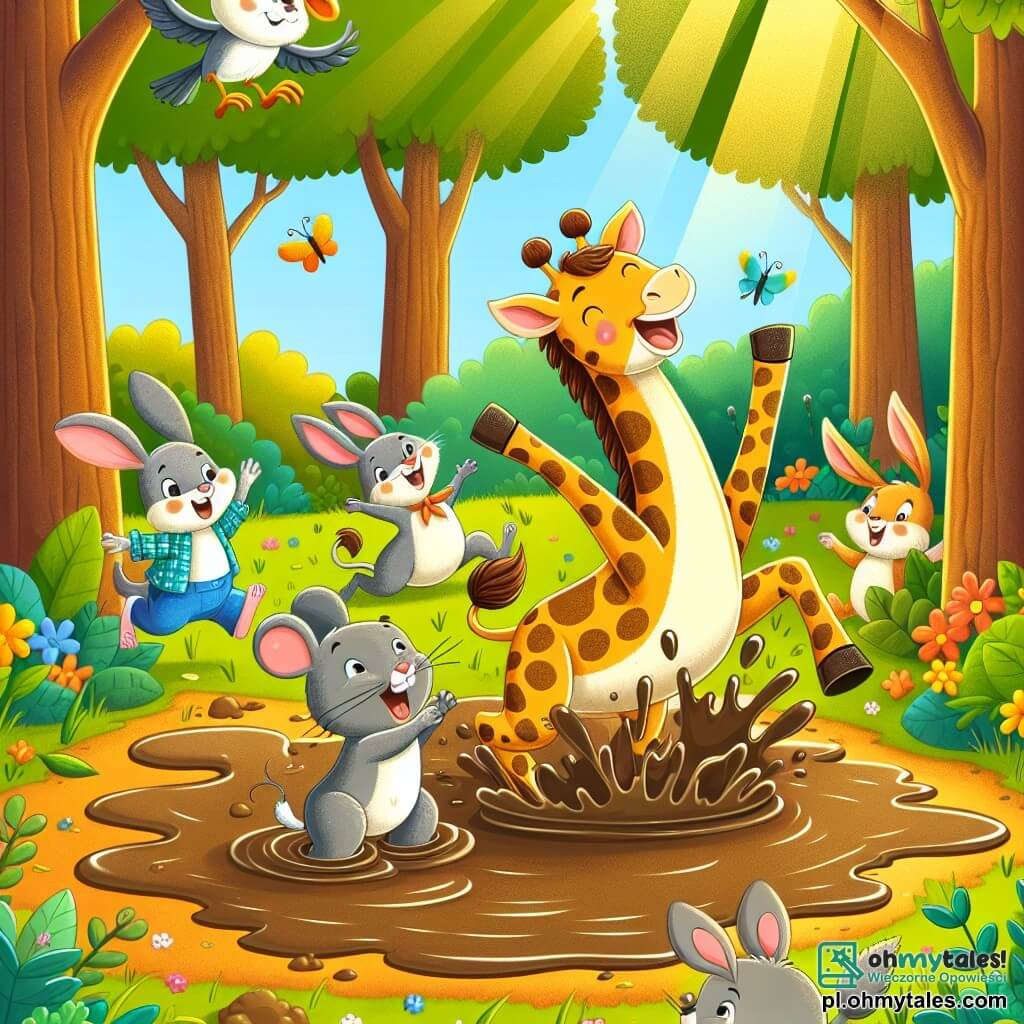 Une illustration sous forme de dessin destinée aux enfants représentant une scène joyeuse dans une forêt colorée, avec une girafe au long cou, aux taches dorées et brunes, qui saute joyeusement par-dessus une flaque de boue, tandis qu'une petite souris grise, un lapin aux grandes oreilles et un oiseau aux plumes multicolores l'encouragent en riant, le tout baigné par la lumière du soleil filtrant à travers les feuilles des arbres, créant une atmosphère de camaraderie et de plaisir partagé.