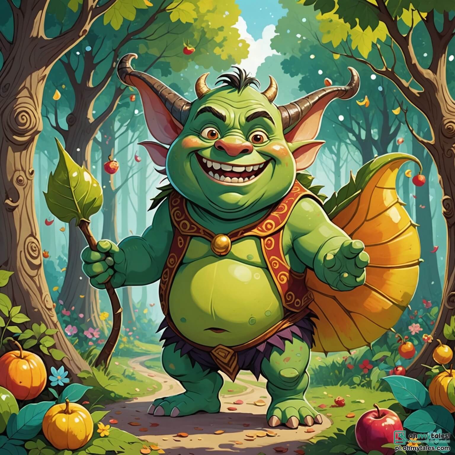 Une illustration destinée aux enfants représentant un ogre au sourire malicieux, avec de grandes oreilles en forme de feuilles et des yeux pétillants de malice, se tenant au milieu d'une forêt enchantée où les arbres aux troncs colorés se courbent sous le poids de fruits géants et où des fleurs chantantes dansent au rythme du vent, tandis qu'un petit dragon espiègle, aux écailles scintillantes et à la queue en spirale, l'observe avec curiosité, prêt à l'accompagner dans une aventure pleine de rires et de surprises.