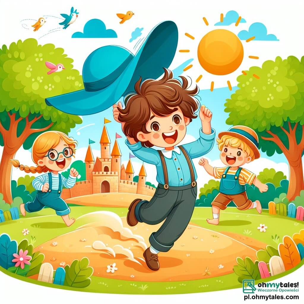 Une illustration sous forme de dessin destinée aux enfants représentant un parc ensoleillé avec des arbres colorés et un grand château de sable, où un garçon de 11 ans aux cheveux châtains en bataille, portant un énorme chapeau bleu, court après son chapeau emporté par le vent, tandis que ses amis, une fille aux cheveux blonds tressés et un garçon aux lunettes rondes, rient et l'encouragent, entourés de créatures fantastiques comme des lapins dansants et des oiseaux chantants, créant une atmosphère joyeuse et loufoque.